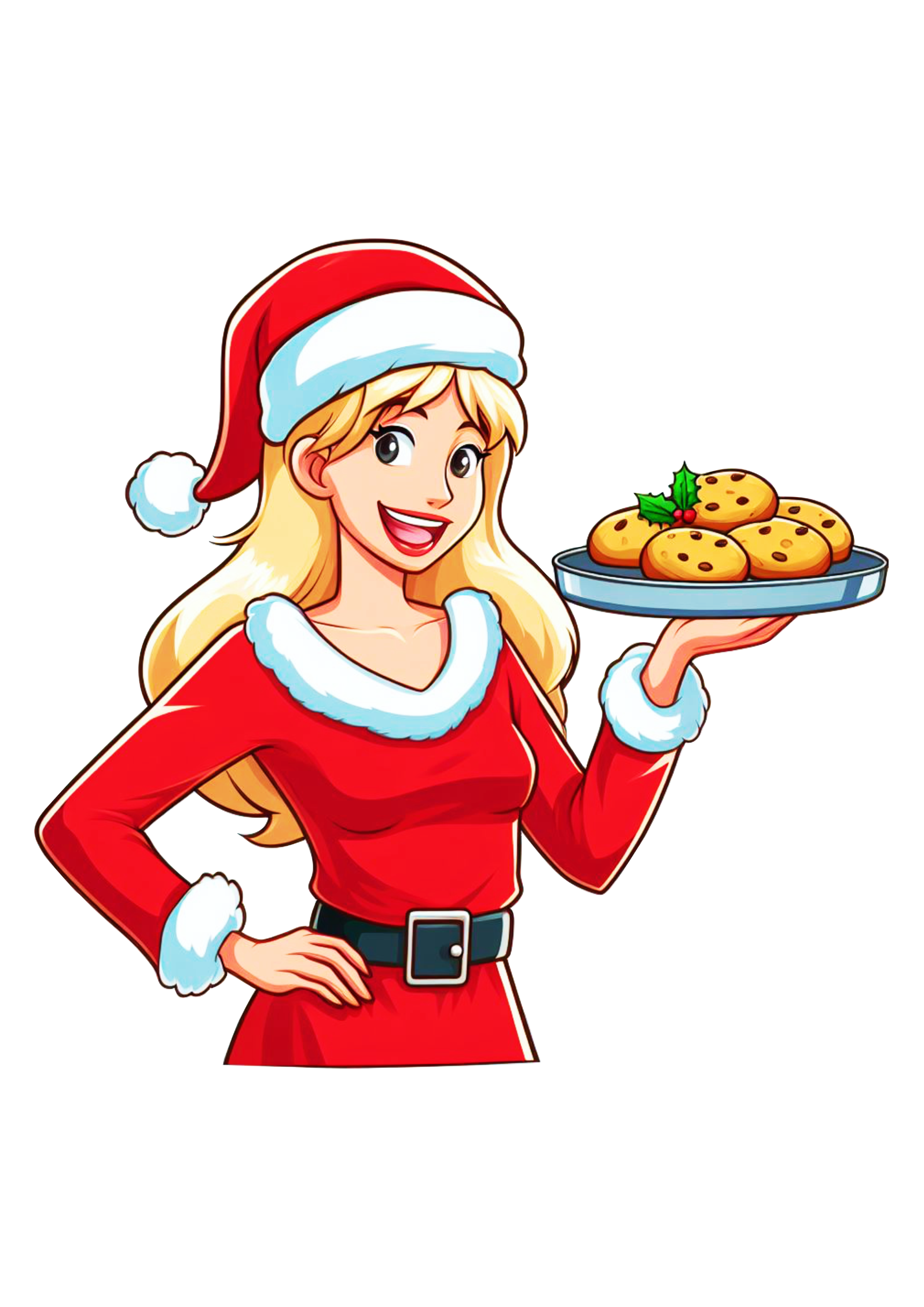 Mamãe Noel fantasia mulher loira com biscoitos desenho png