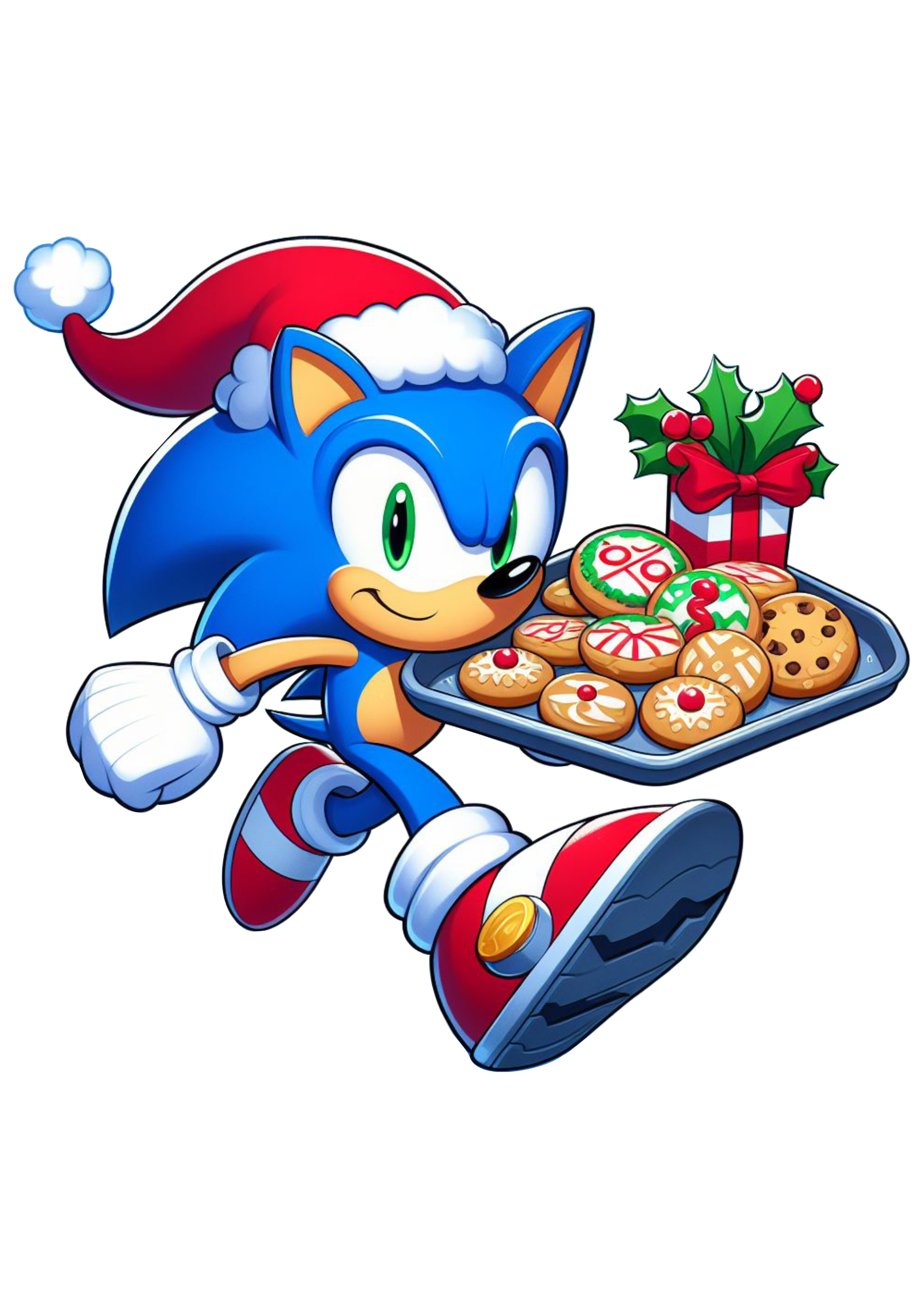 Imagens de natal Sonic the hedgehog com gorro do Papai Noel e bandeja de biscoitos png