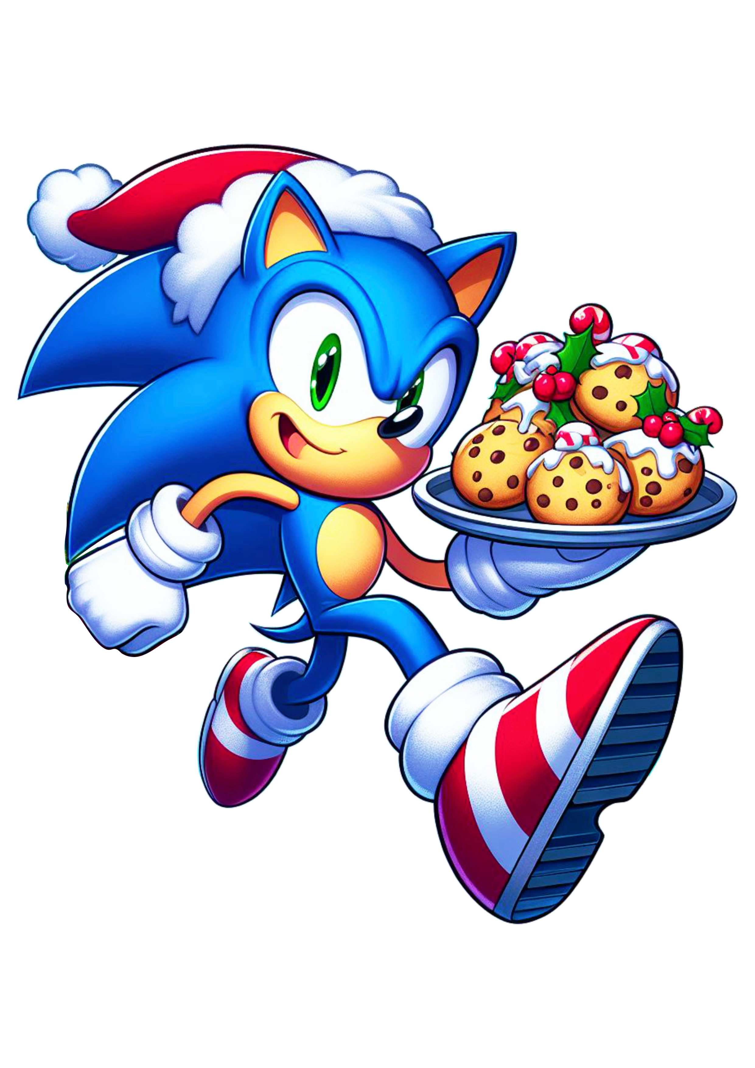 Imagens de natal Sonic the hedgehog com gorro do Papai Noel e bandeja de biscoitos desenho png