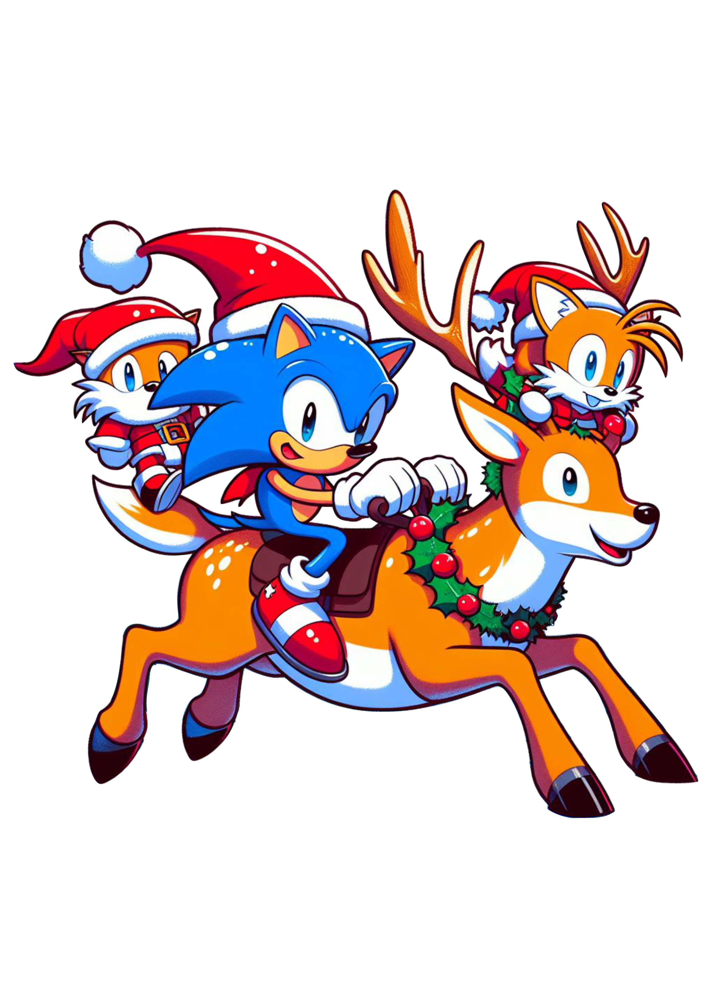 Imagens de natal Sonic the hedgehog e tails com gorro do Papai Noel montado em uma rena png