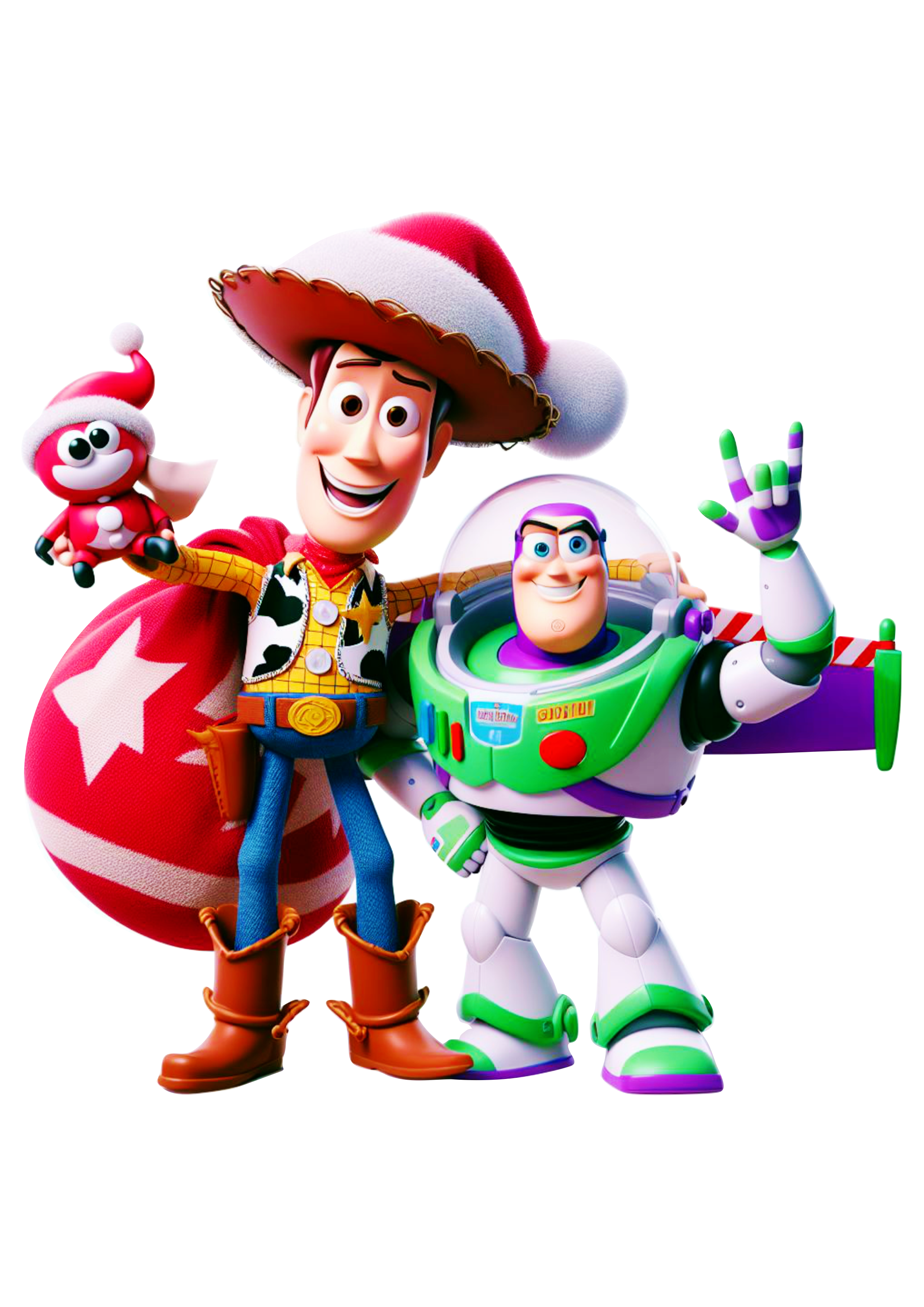 Toy Story Woody e Buzz Lightyear abraçados especial de natal desenho infantil ilustração disney fundo transparente png