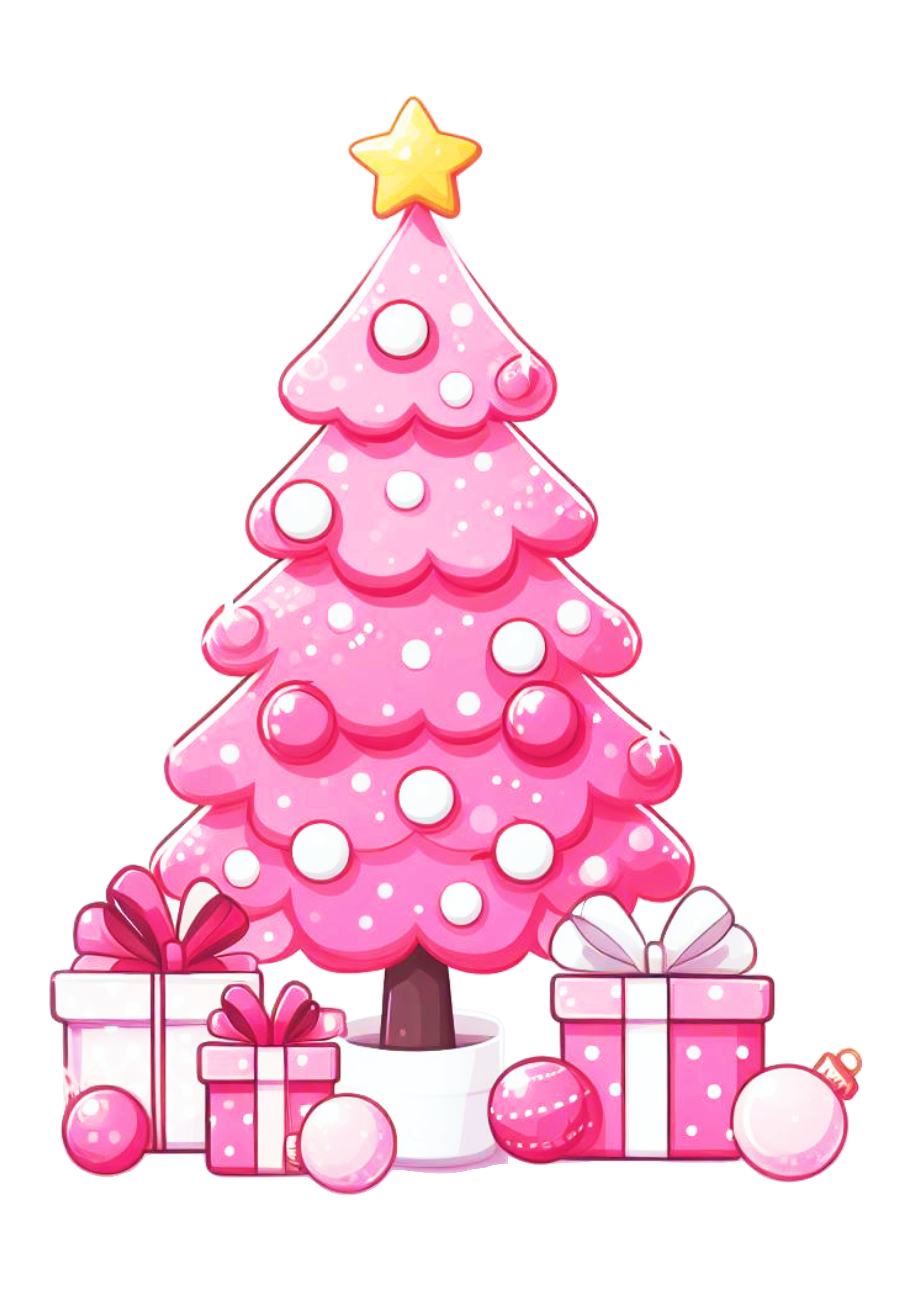 Árvore de natal rosa com presentes estrela desenho simples vetor ilustração fundo transparente artes gráficas png