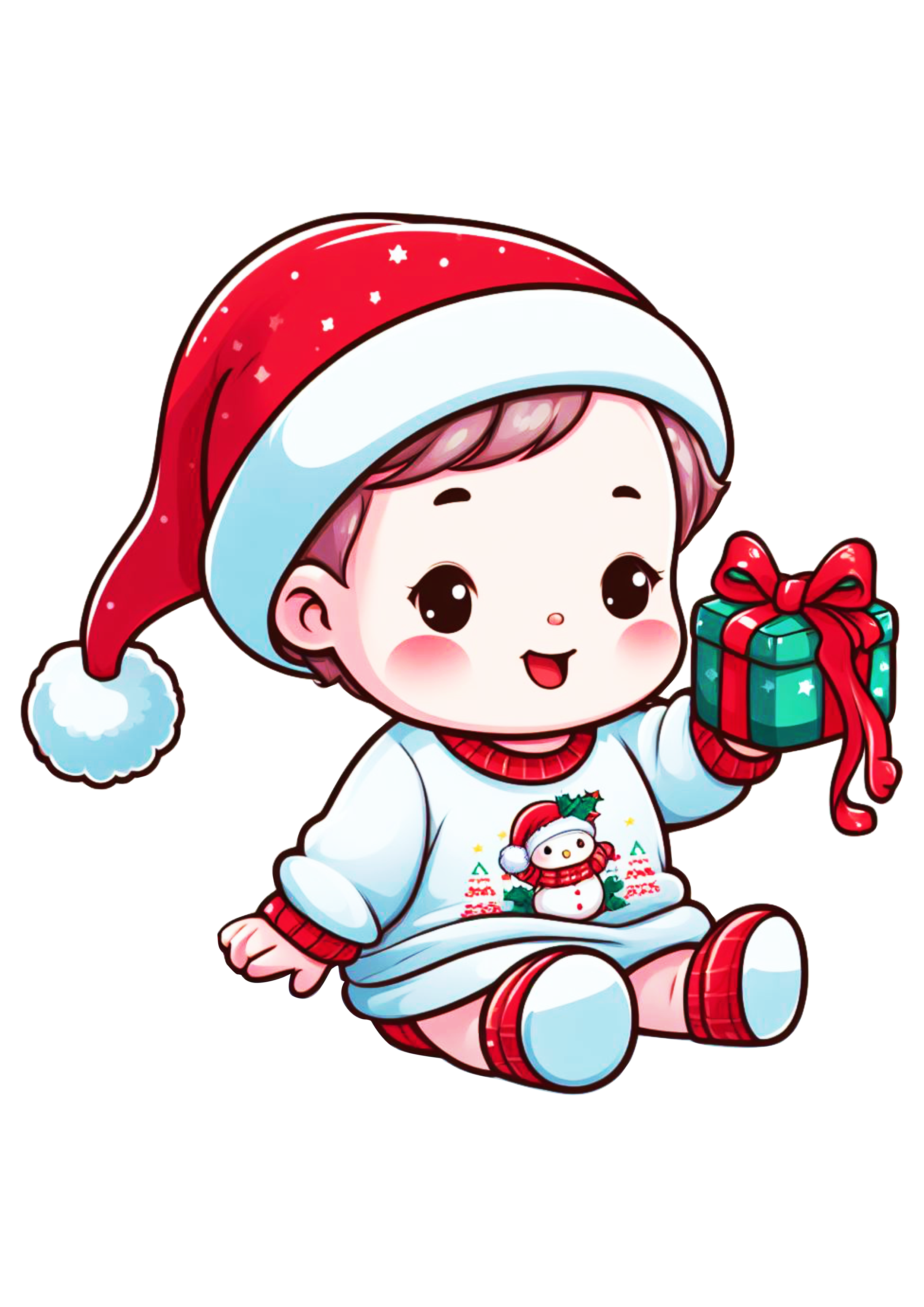 Bebezinho com gorro do papai Noel pacotinho de presente desenho simples ilustração png