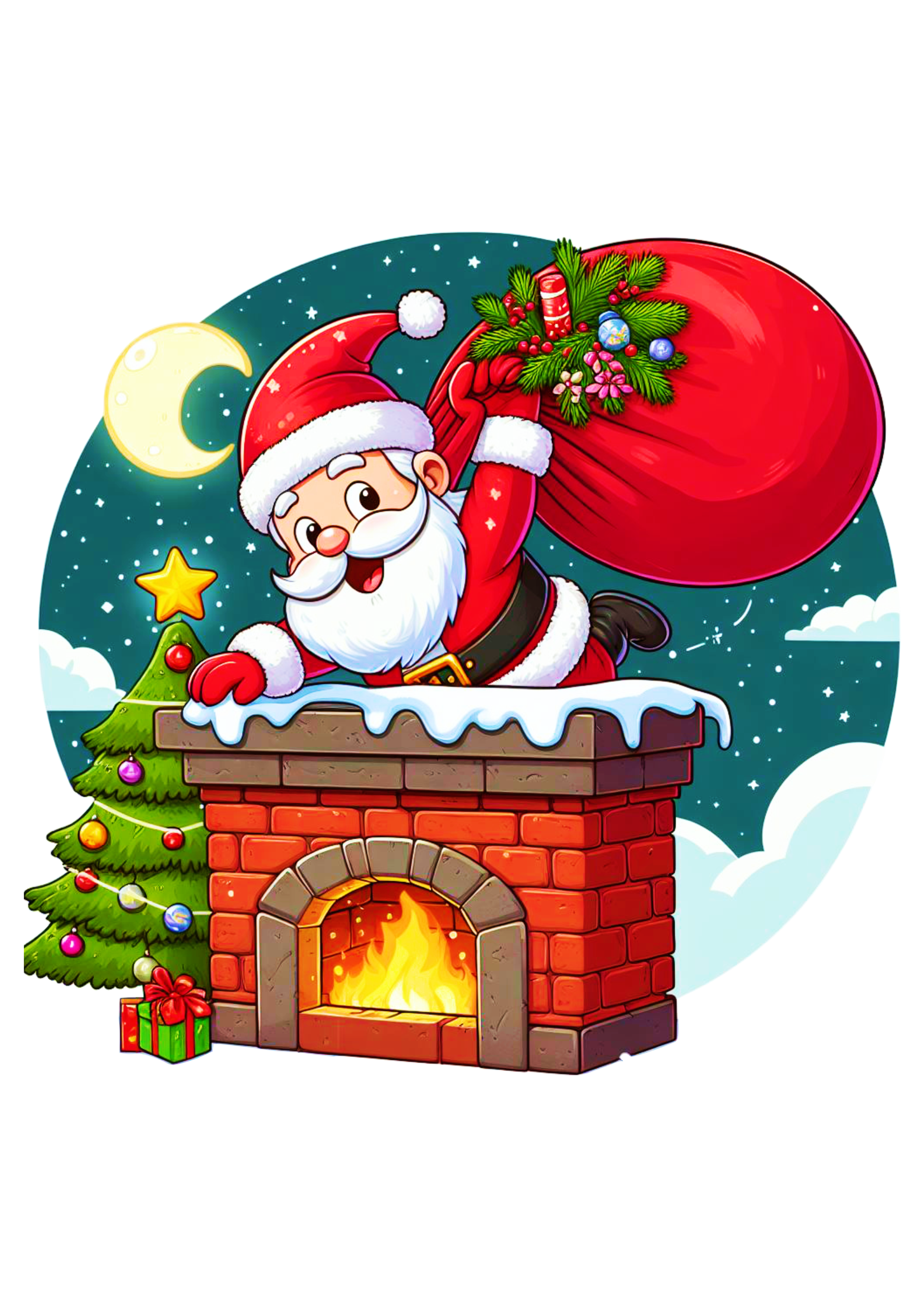 Papai Noel descendo na chaminé ilustração desenho png