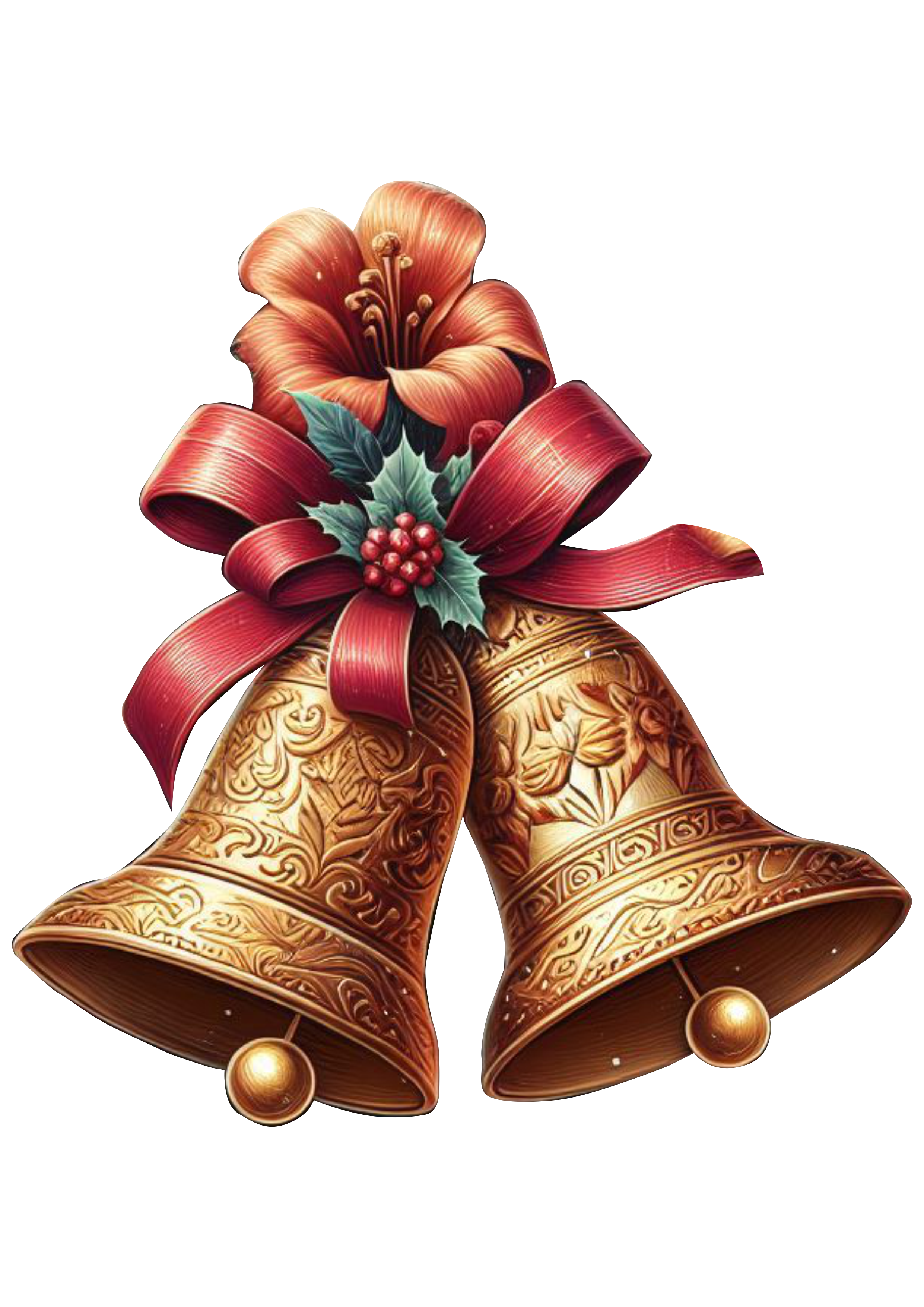 Sinos dourados de natal jingle bell decorado com laços e flores realista png