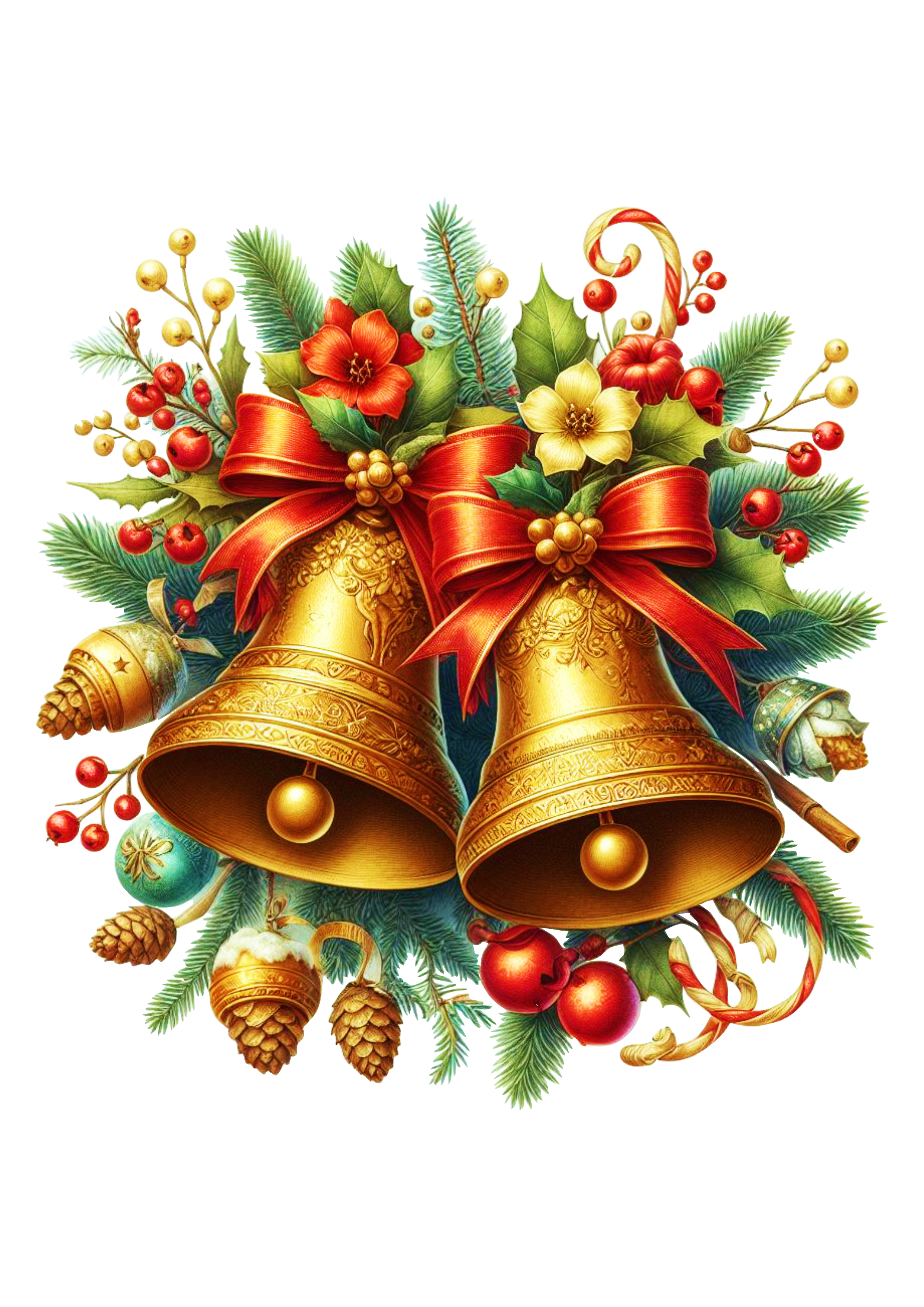 Sinos dourados de natal jingle bell realista com lacinhos vermelhos e flores png