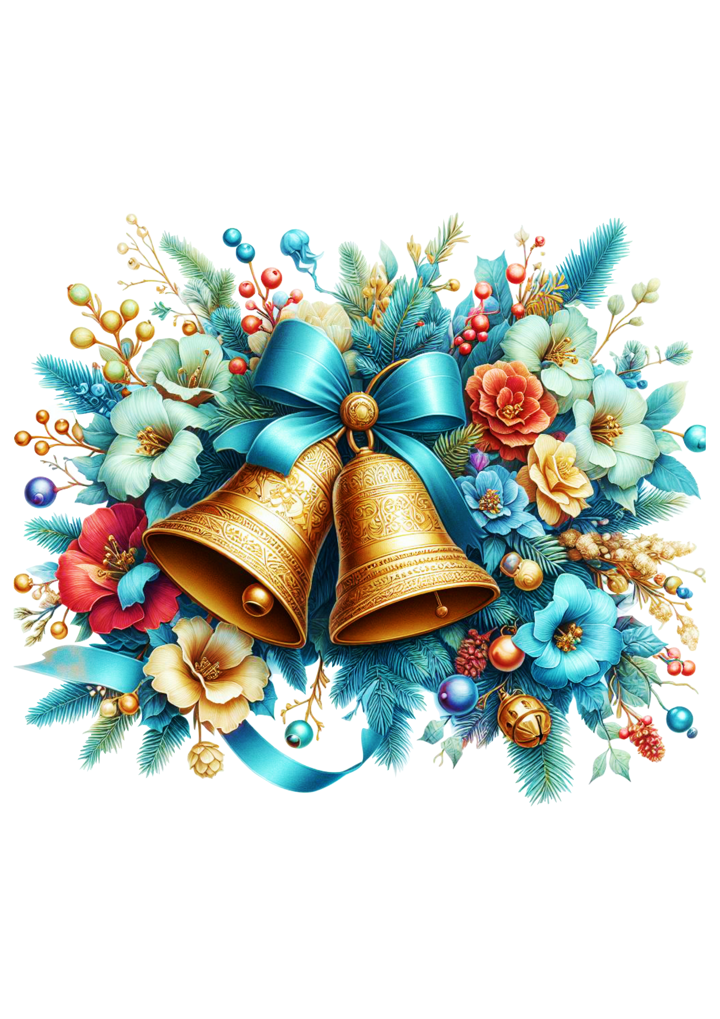 Sinos dourados de natal jingle bell realista com lacinhos e flores azuis png