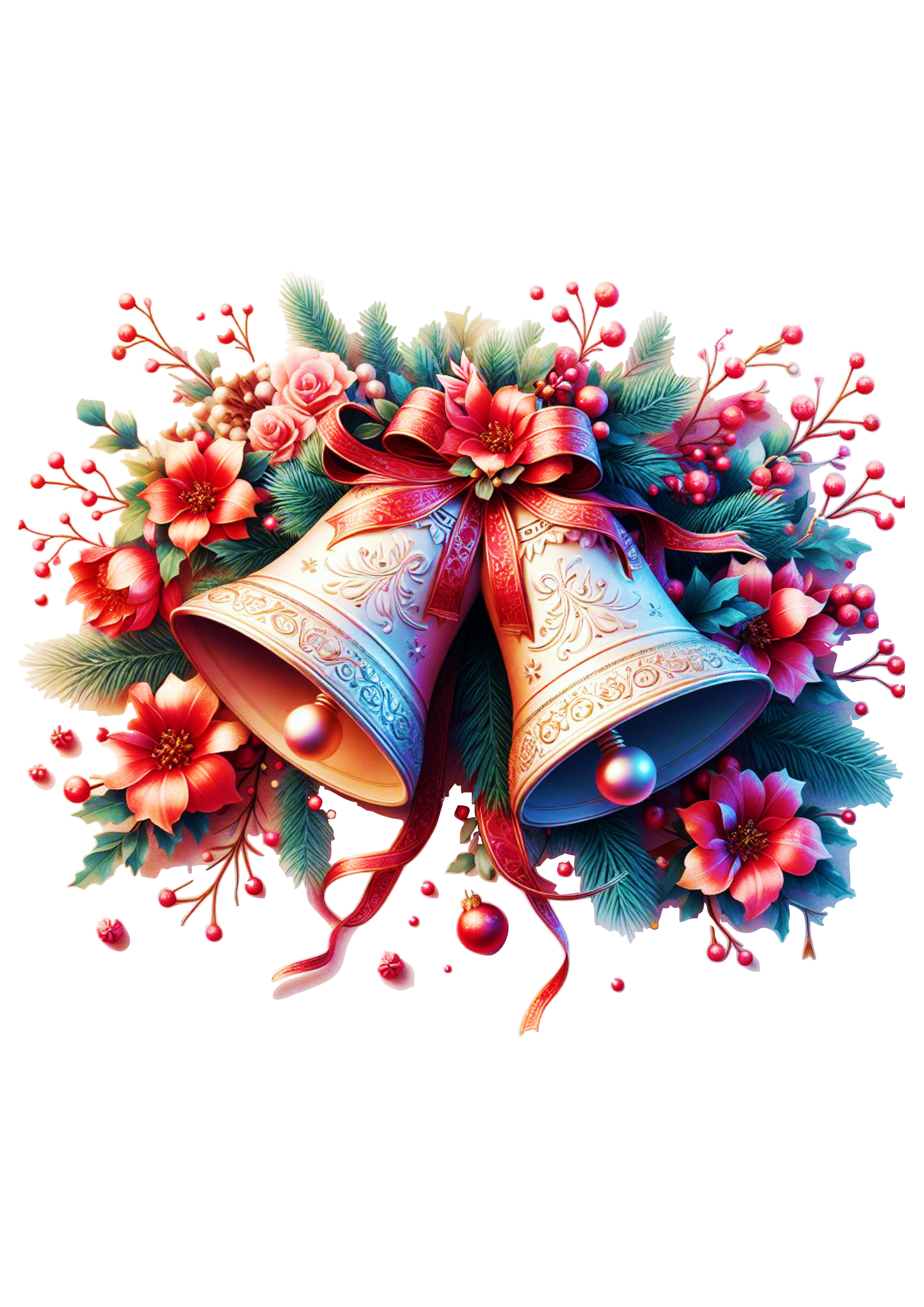 Sinos dourados de natal jingle bells com laços e flores vermelhas fundo transparente png
