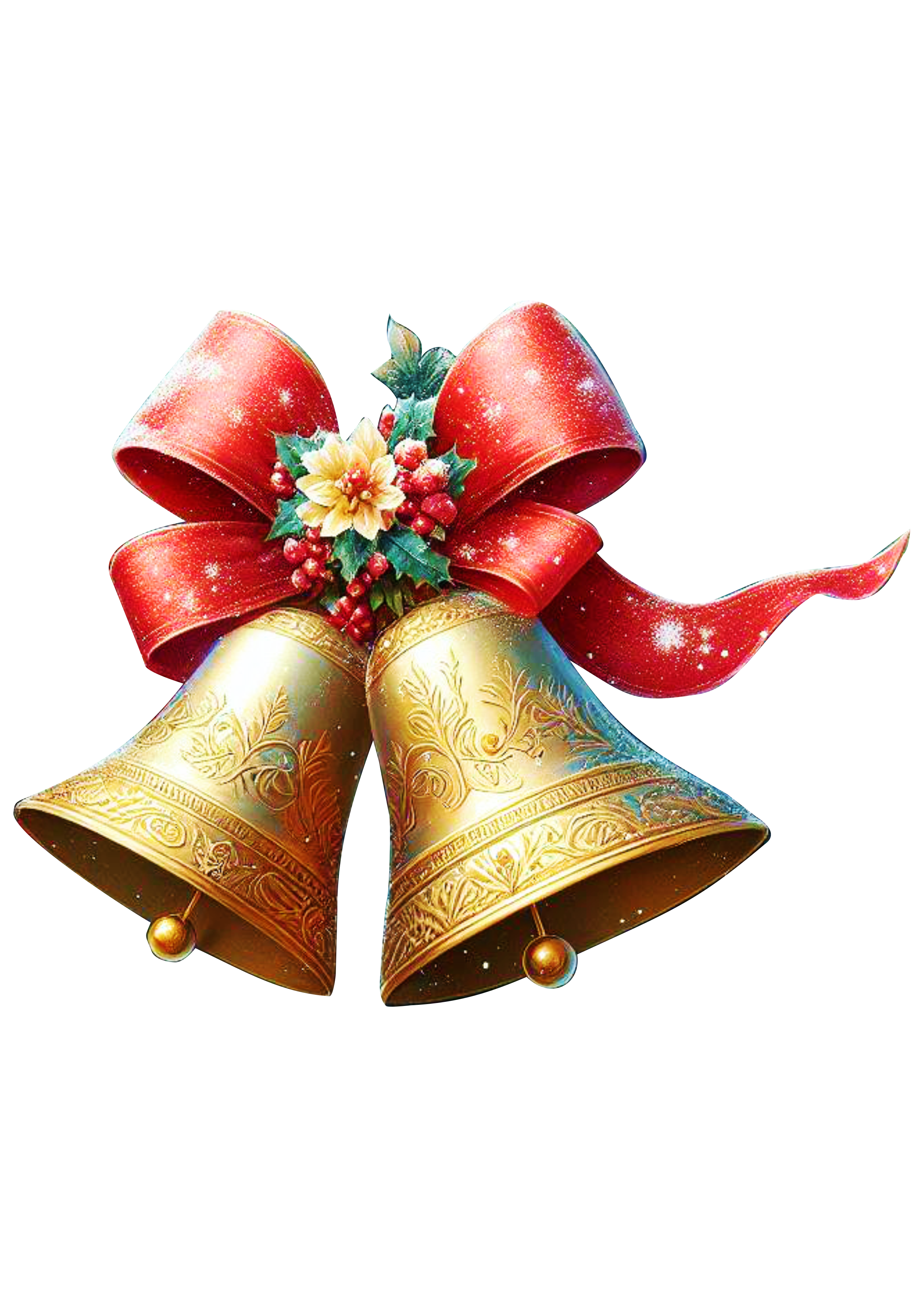 Sinos dourados de natal jingle bells florido com laço vermelho brilhante png