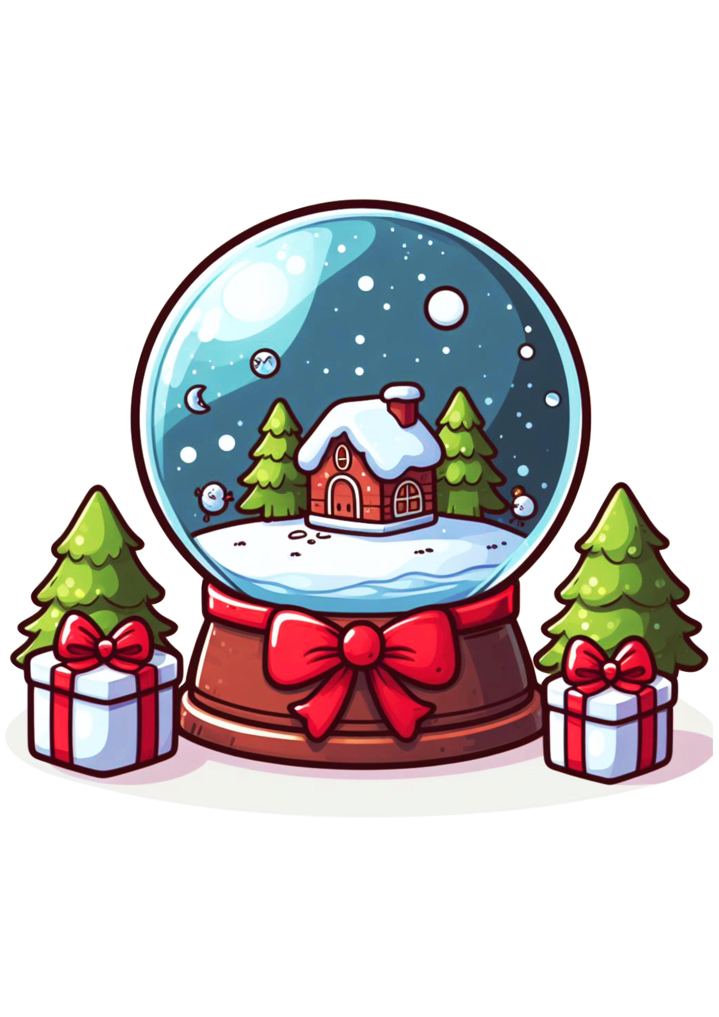 Globo de neve de natal ilustração desenho simples decoração fundo transparente árvore de natal lacinhos e presentes png