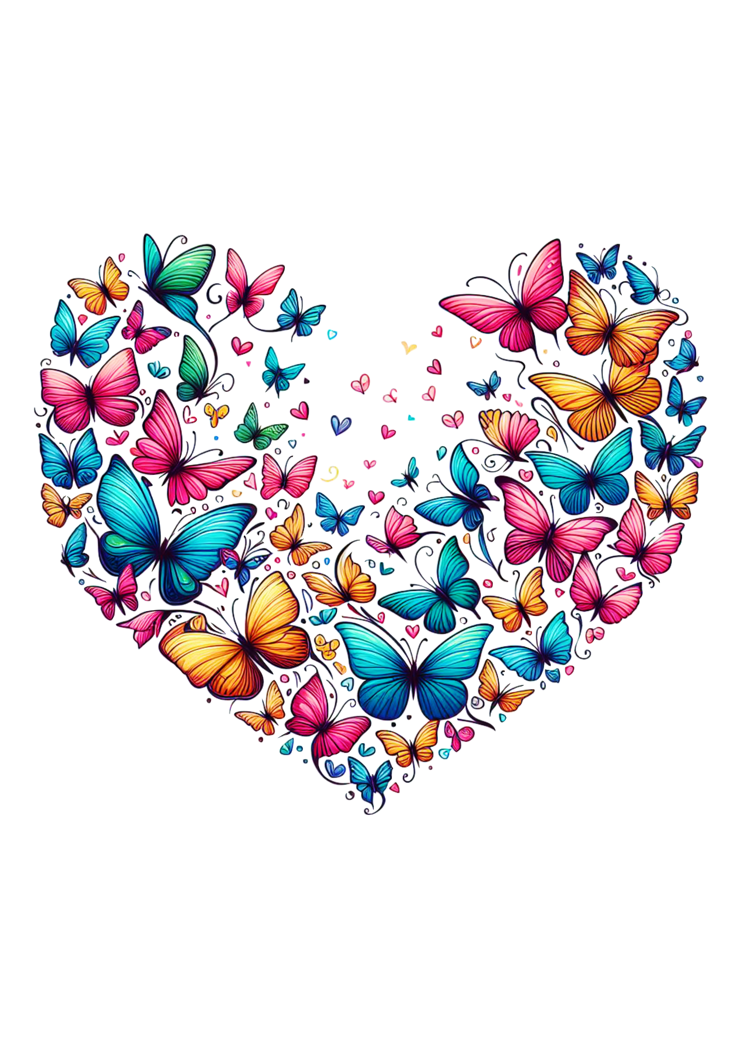 Borboletas coloridas em formato de coração decoração desenho fofinho png
