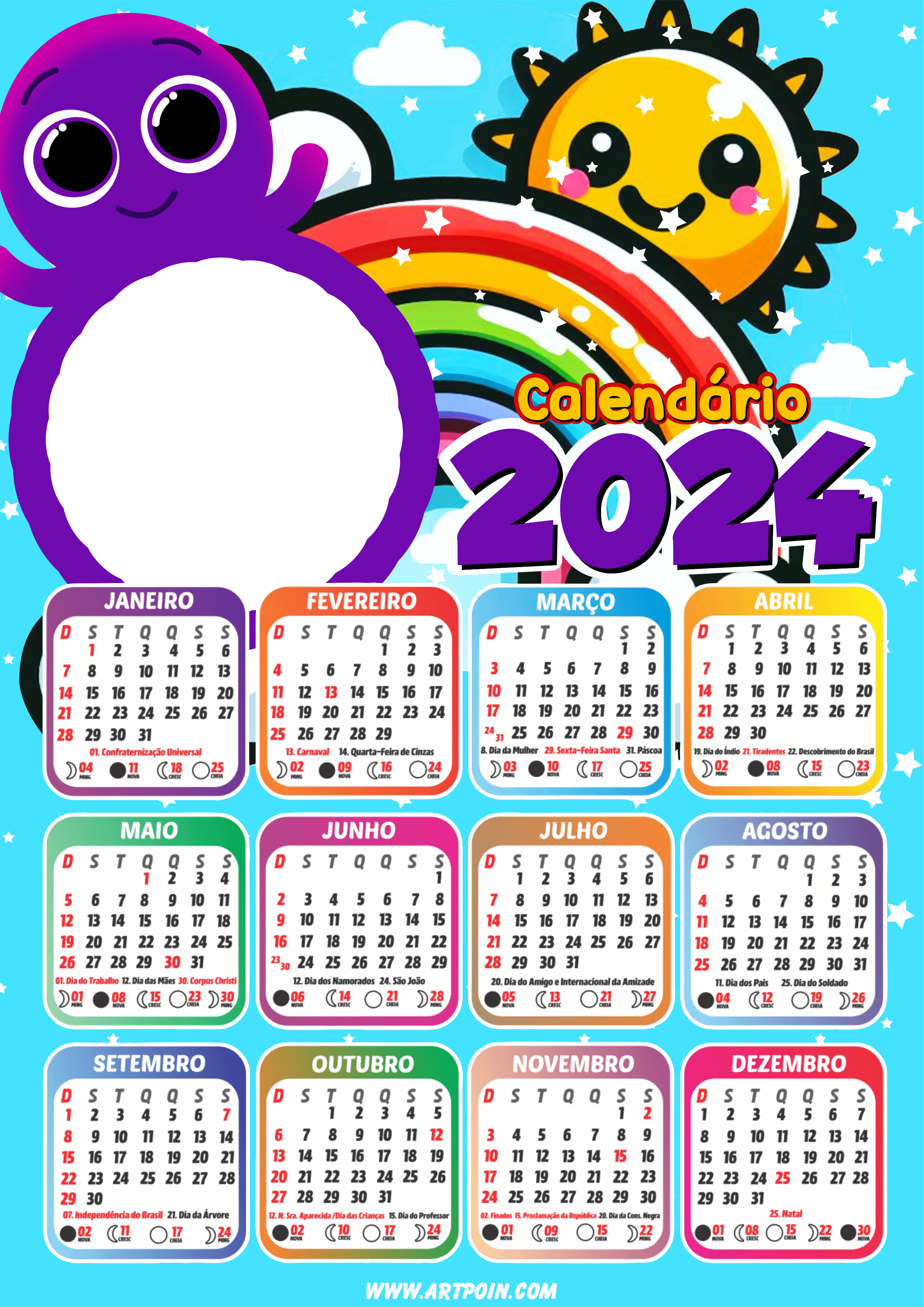 Calendário 2024 bolofofos personalizado com foto png