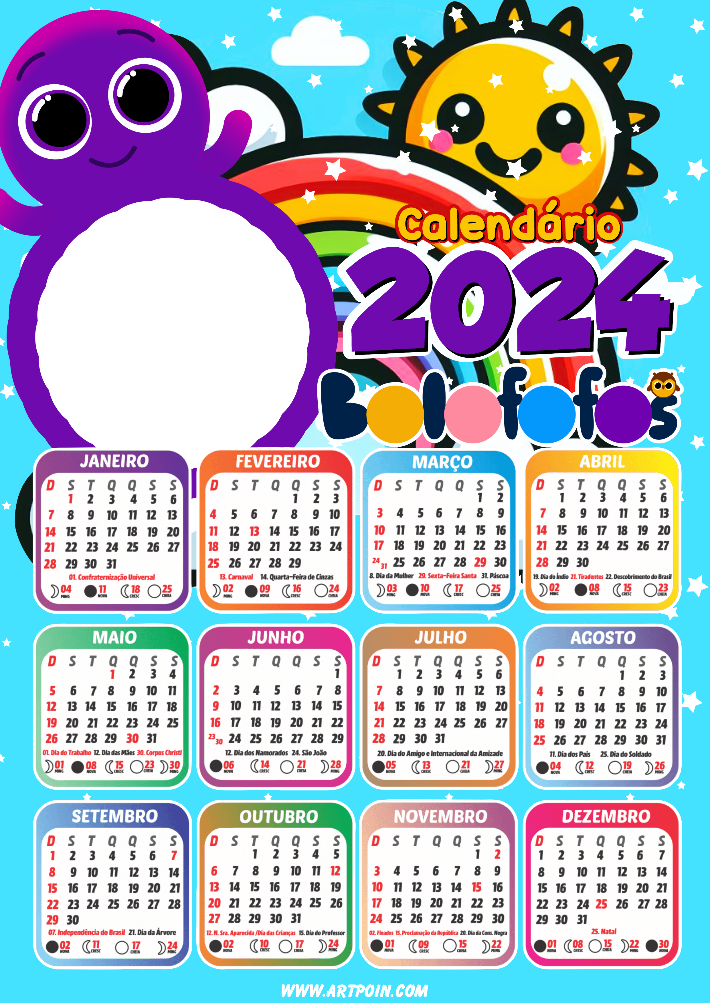 Calendário 2024 bolofofos personalizado com foto desenho png