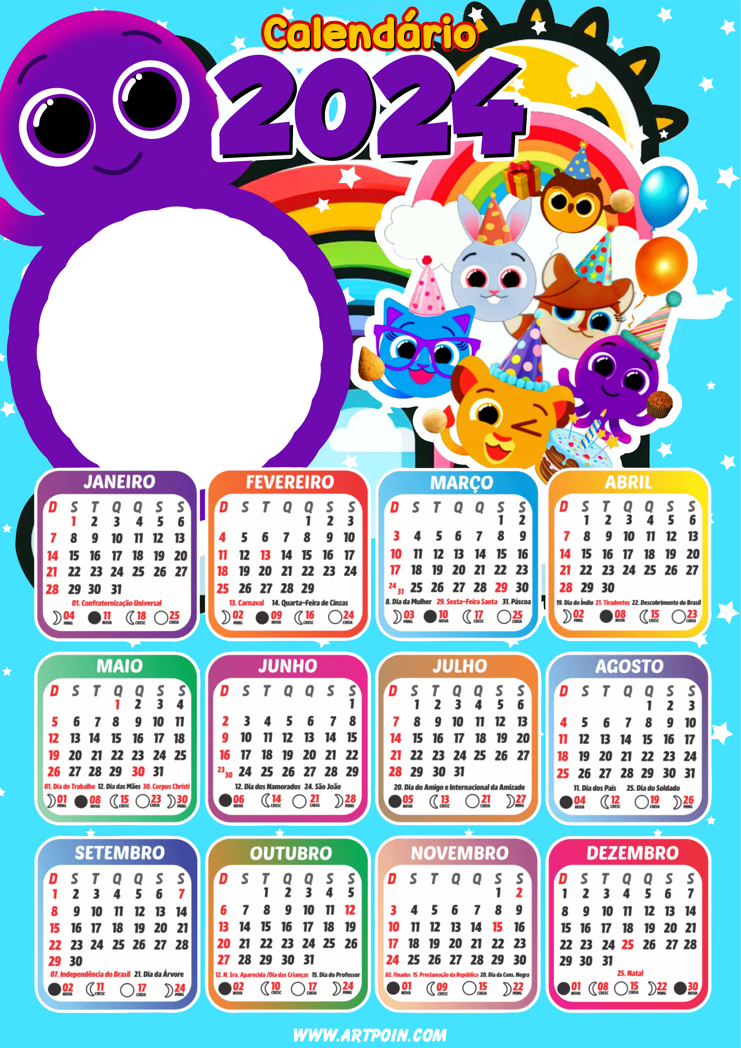 Calendário 2024 bolofofos personalizado com foto desenho infantil animais png