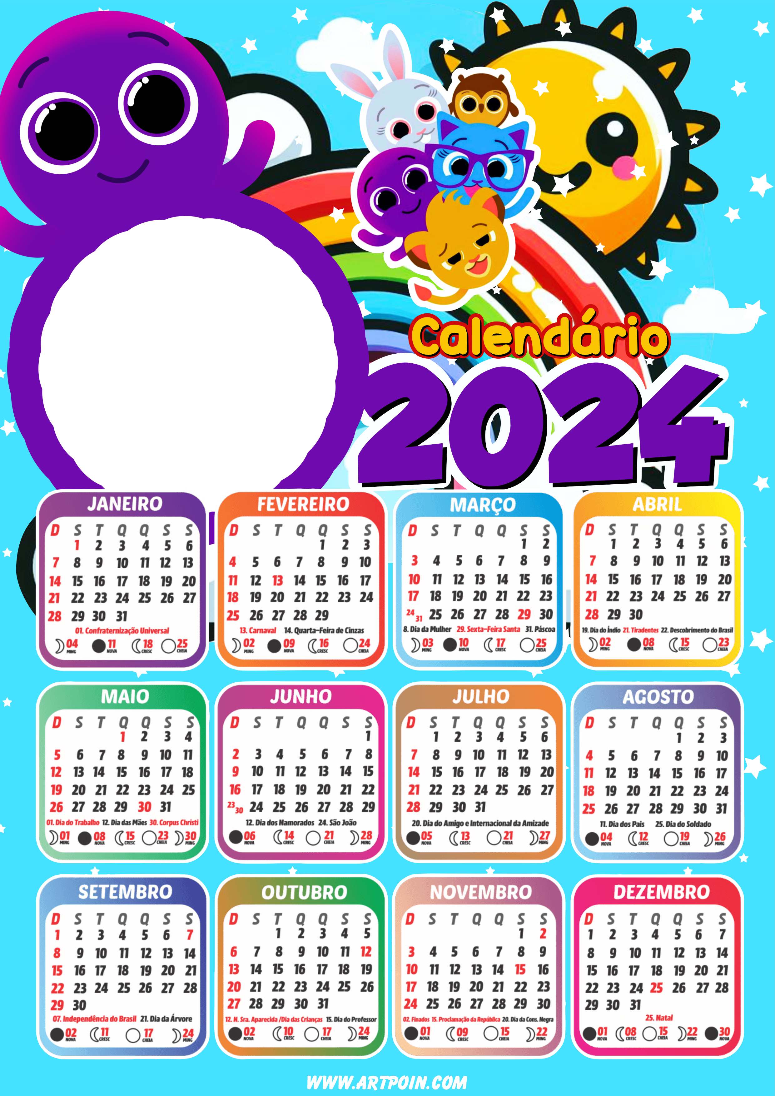 Calendário 2024 bolofofos personalizado com foto desenho infantil animais pronto para imprimir renda extra png