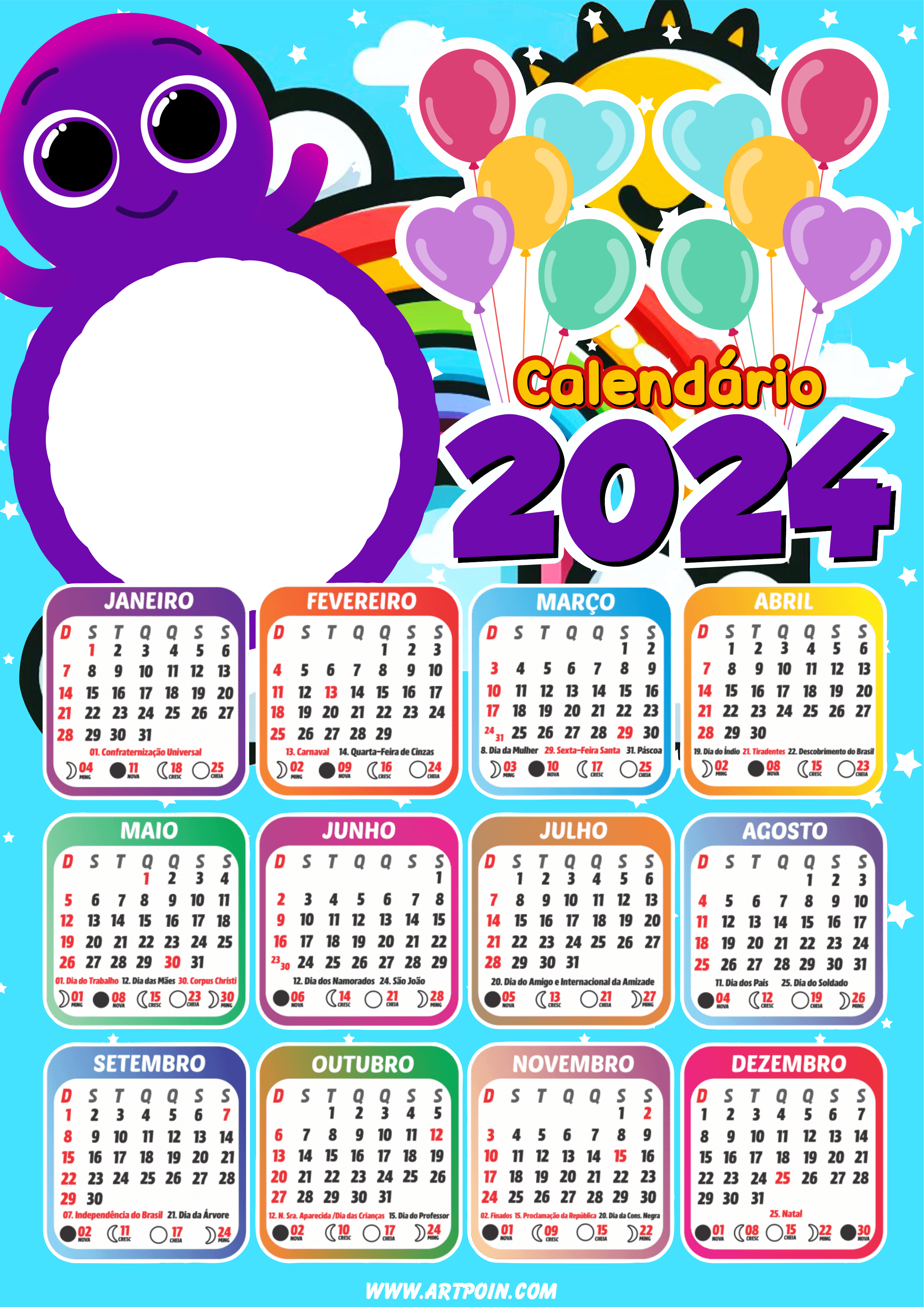 Calendário 2024 bolofofos personalizado com foto desenho infantil animais pronto para imprimir grátis design png