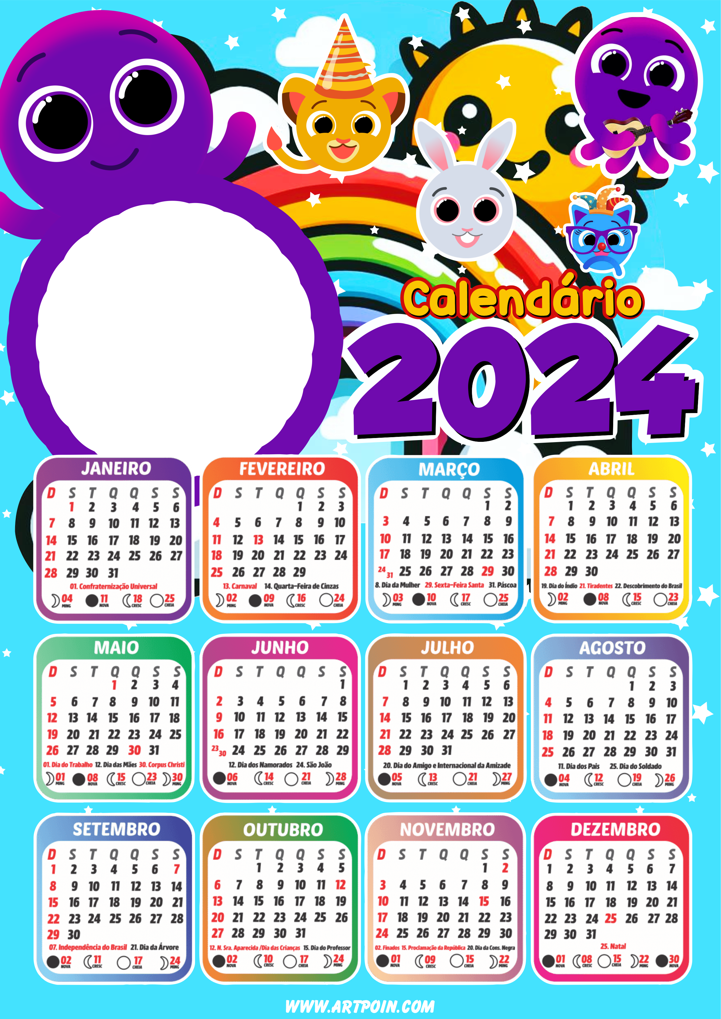 Calendário 2024 bolofofos personalizado com foto desenho infantil animais pronto para imprimir grátis design grátis png
