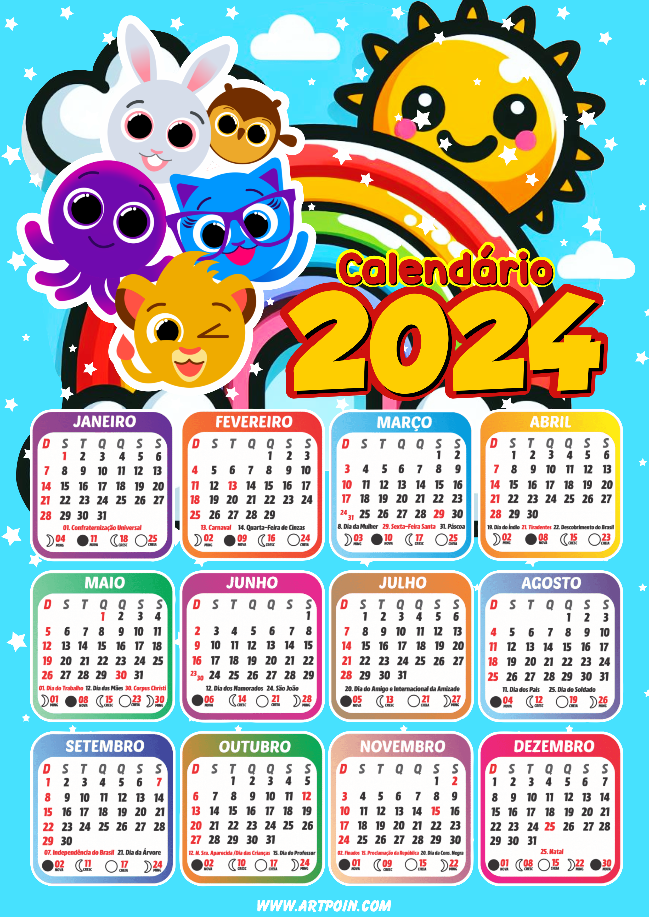 Calendário 2024 Bolofofos desenho infantil youtube gráfica png