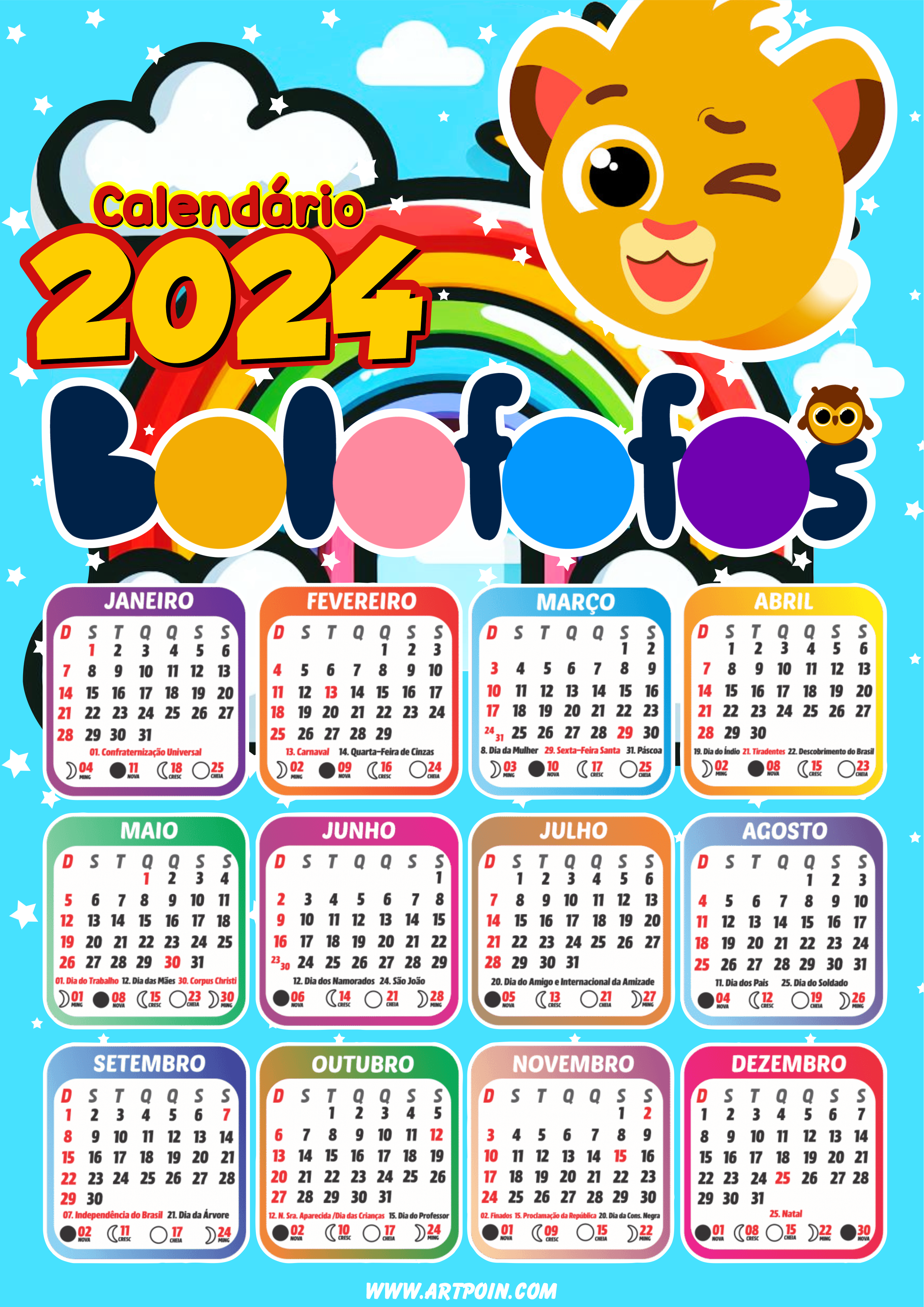 Calendário 2024 Bolofofos desenho infantil youtube pronto para imprimir colorido png