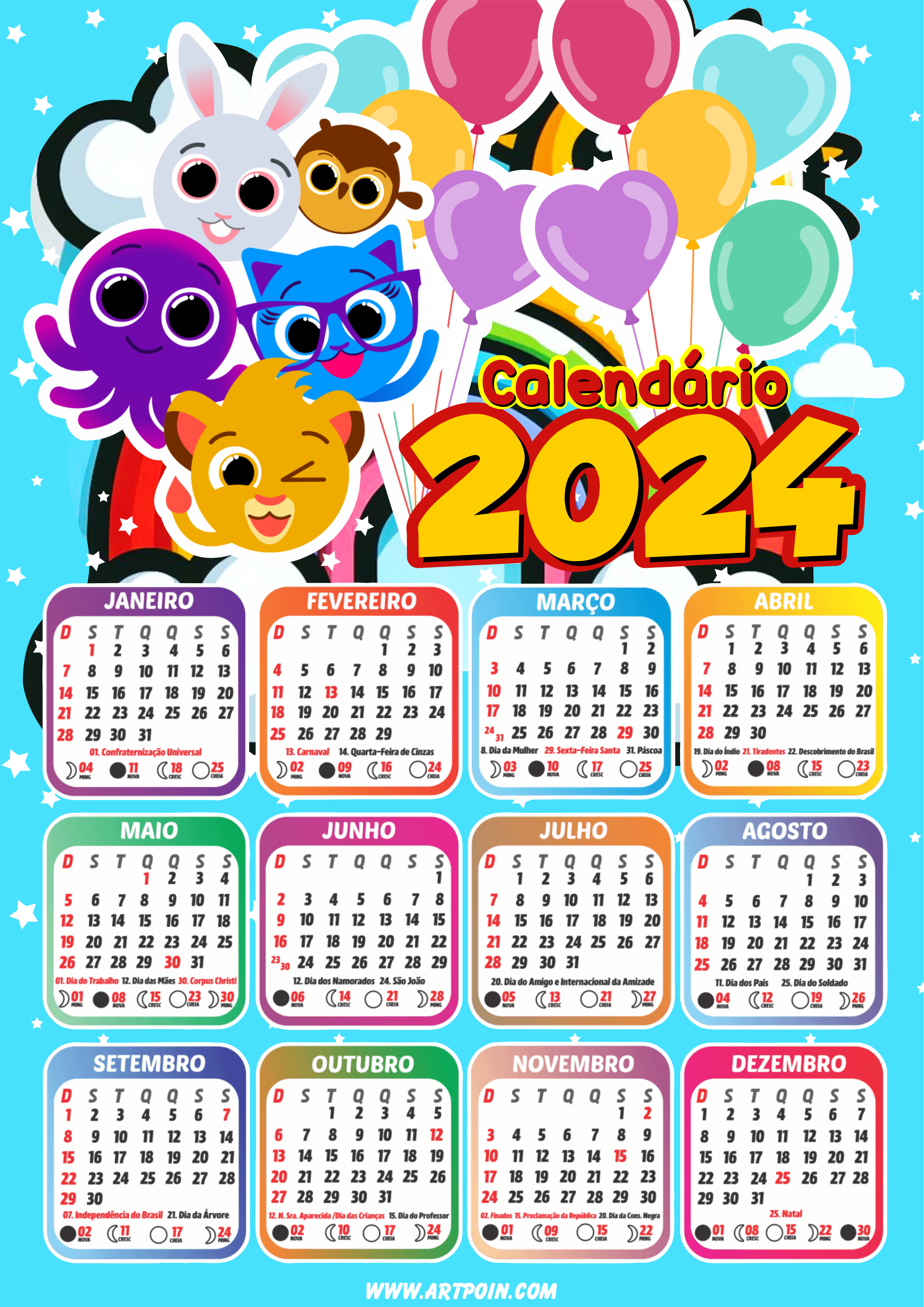 Calendário 2024 Bolofofos desenho infantil youtube pronto para imprimir colorido renda extra png