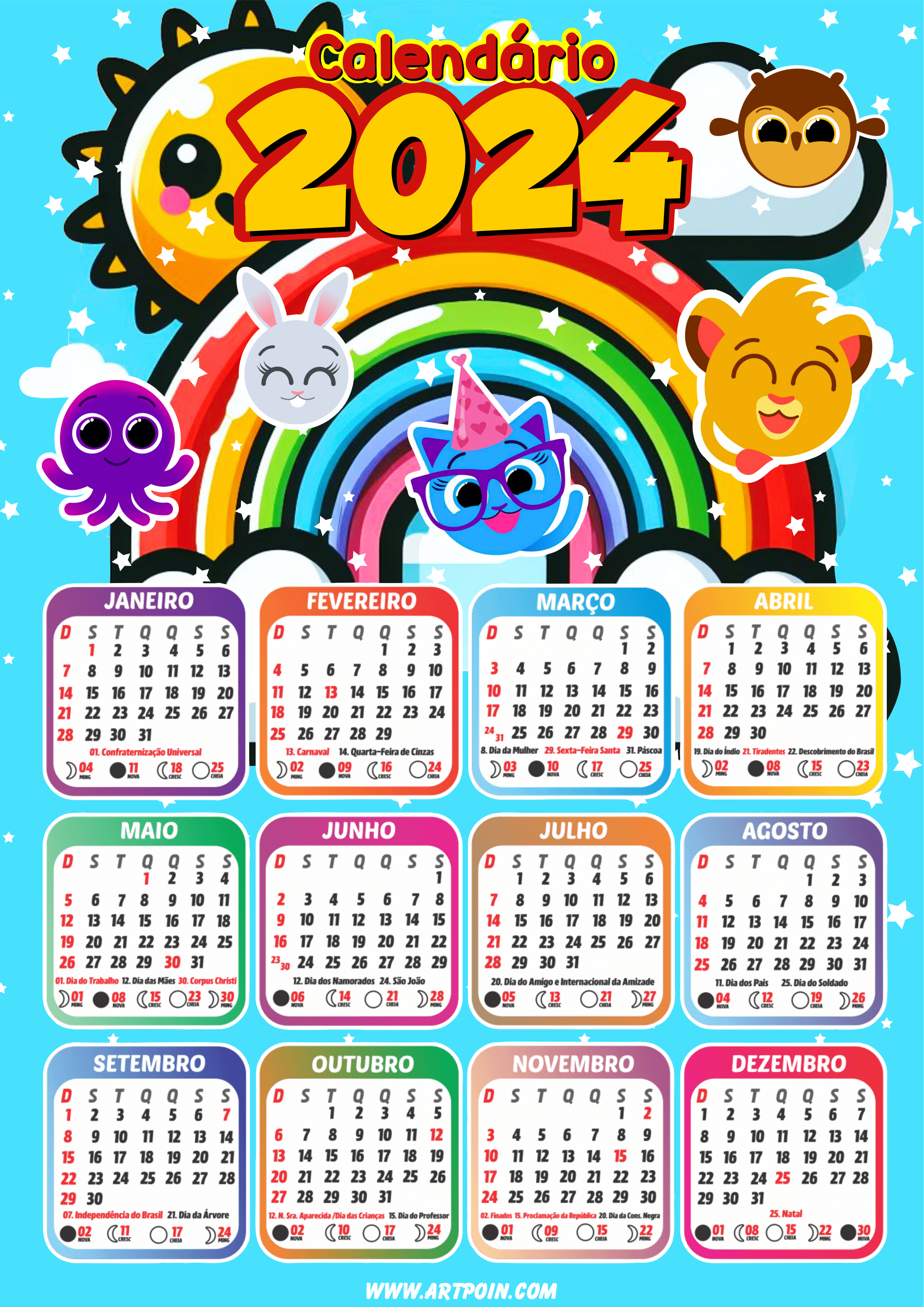 Calendário 2024 Bolofofos desenho infantil youtube pronto para imprimir colorido renda extra com papelaria png