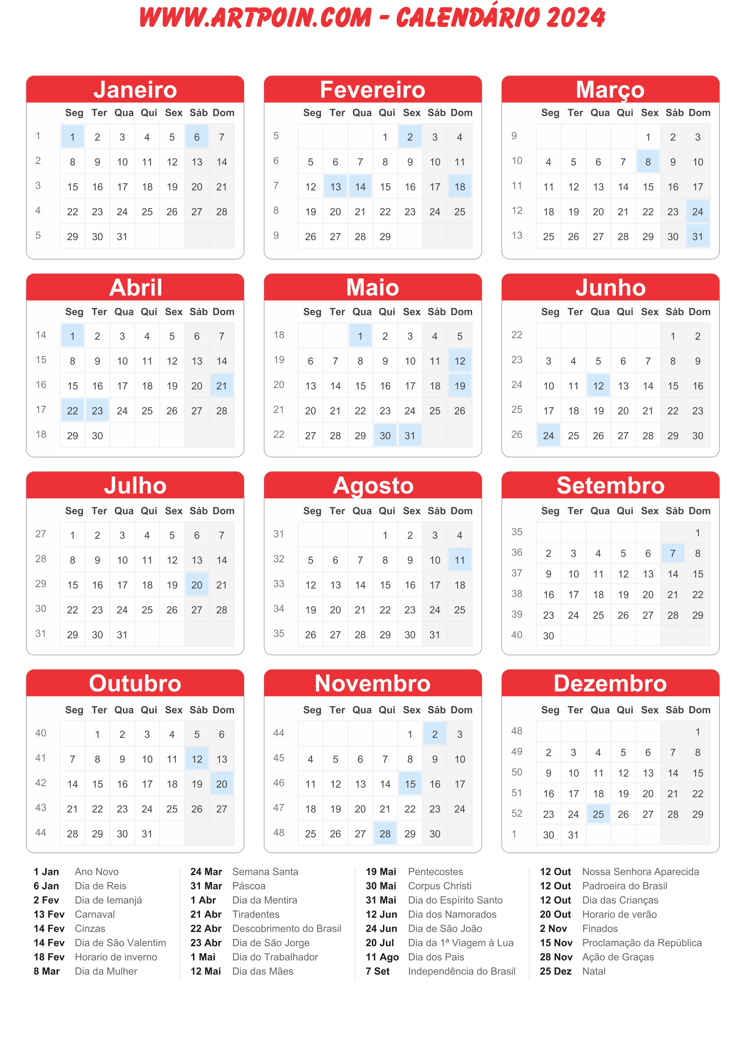 Calendário 2024 com feriados molde limpo para edição vermelho png