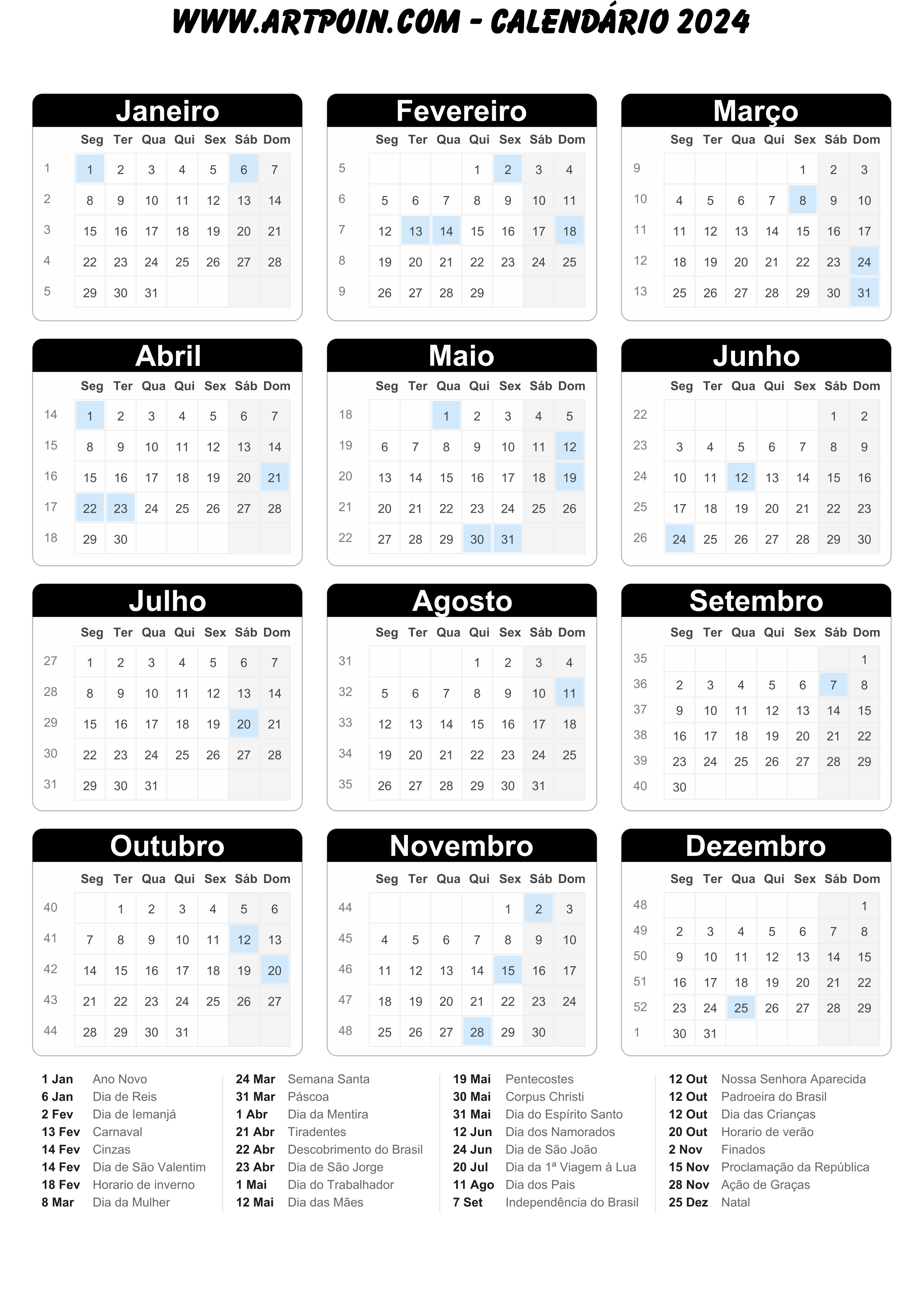 Calendário 2024 com feriados molde limpo para edição preto png