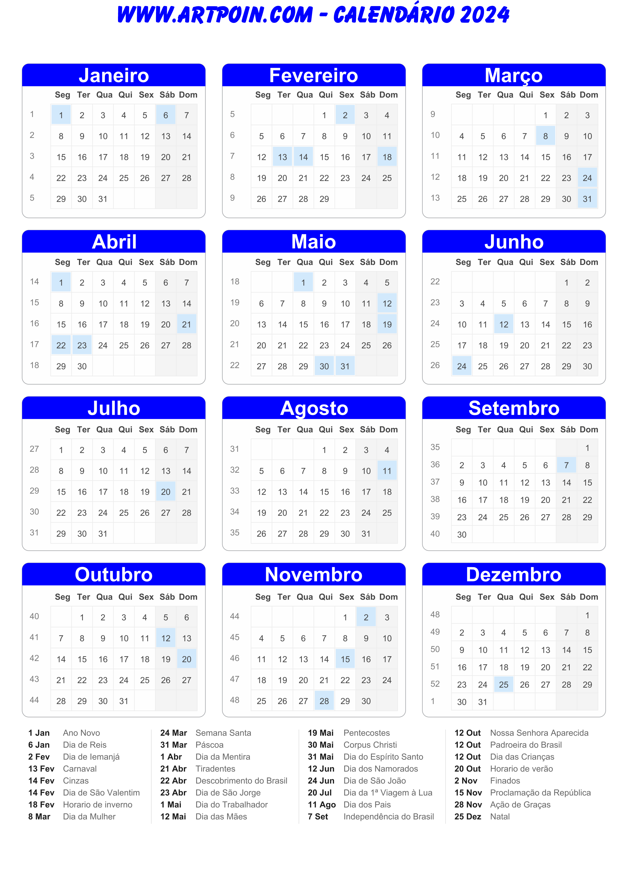 Calendário 2024 com feriados molde limpo para edição azul escuro png