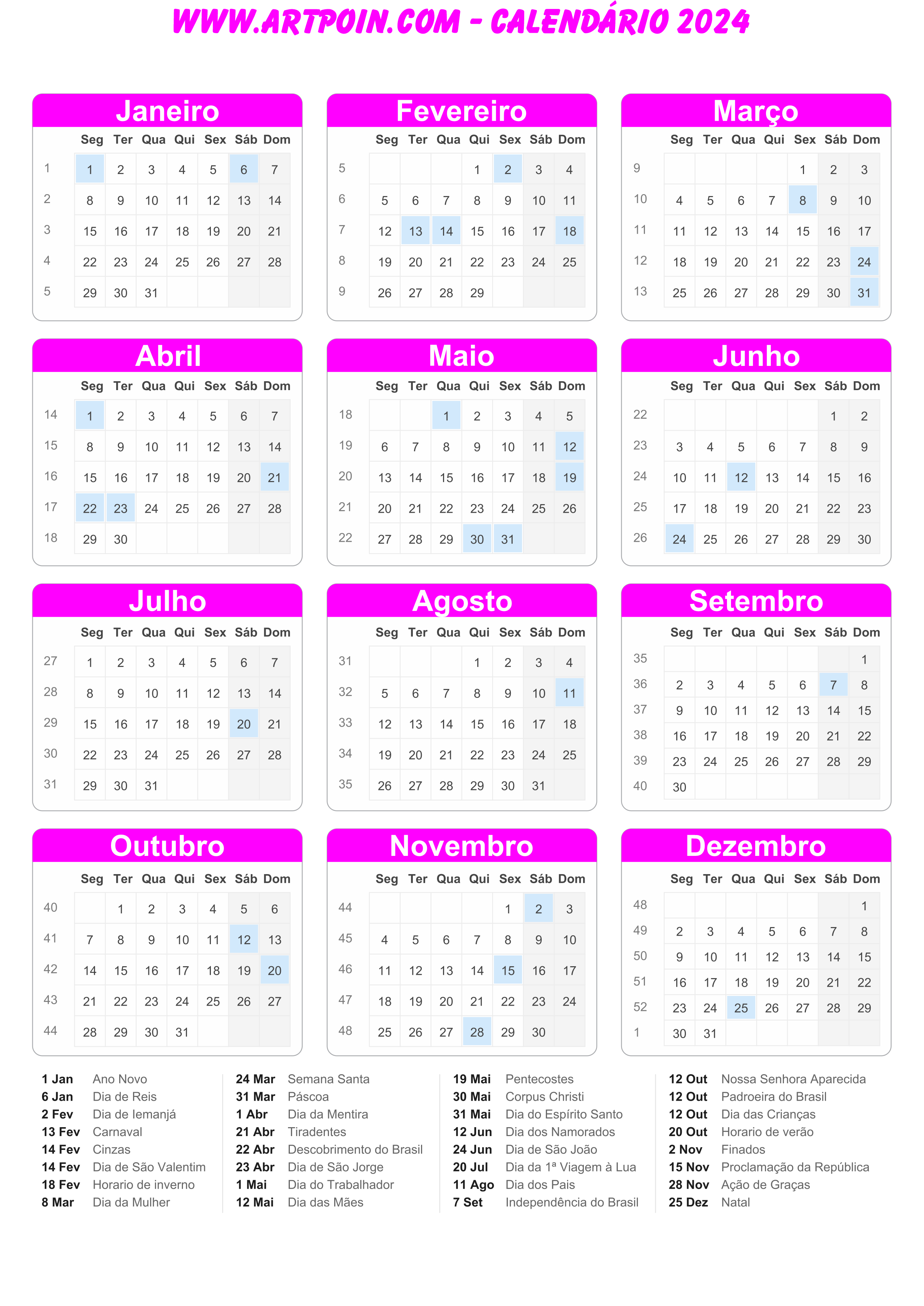 Calendário 2024 com feriados molde limpo para edição rosa pink png