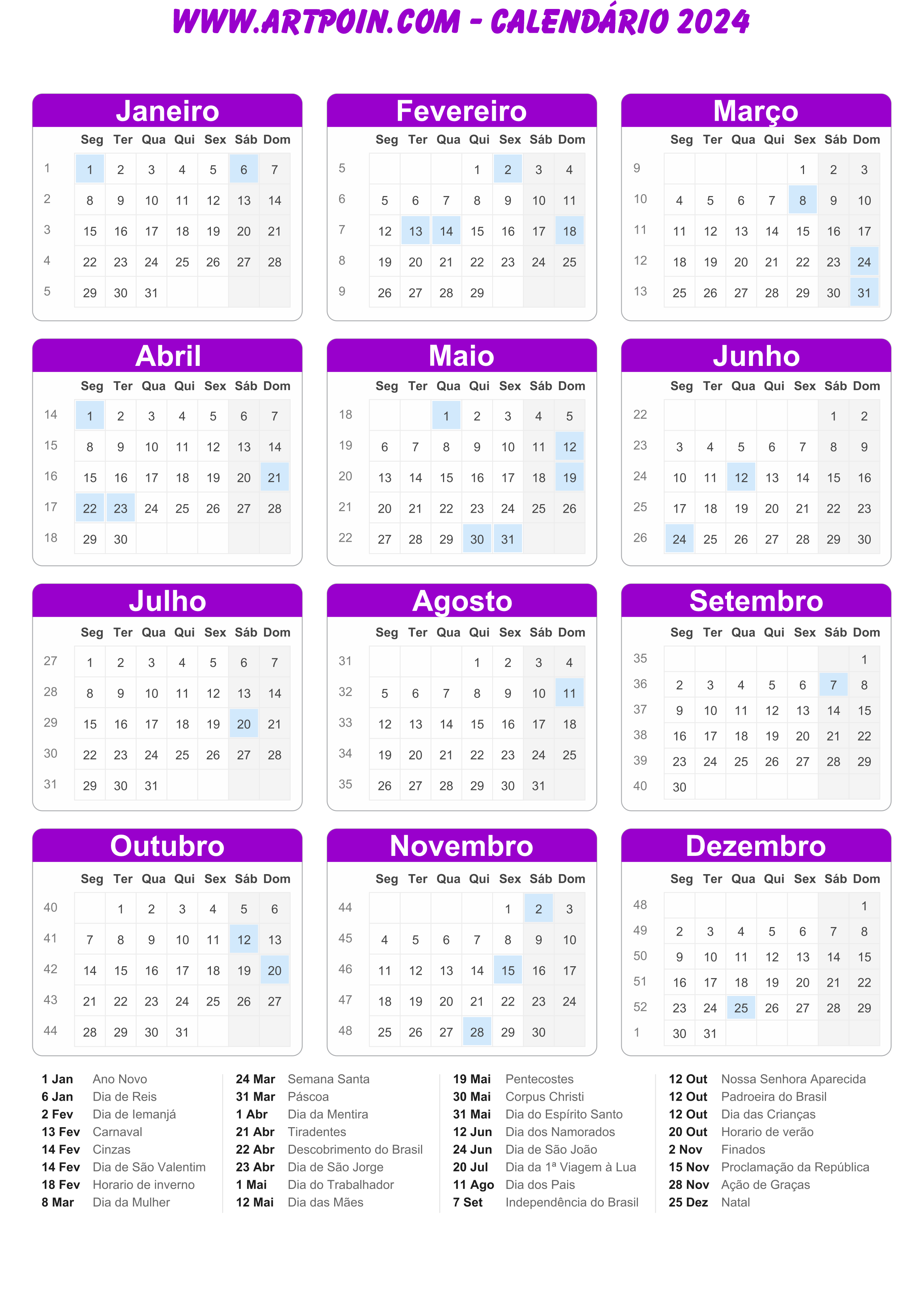 Calendário 2024 com feriados molde limpo para edição lilás png