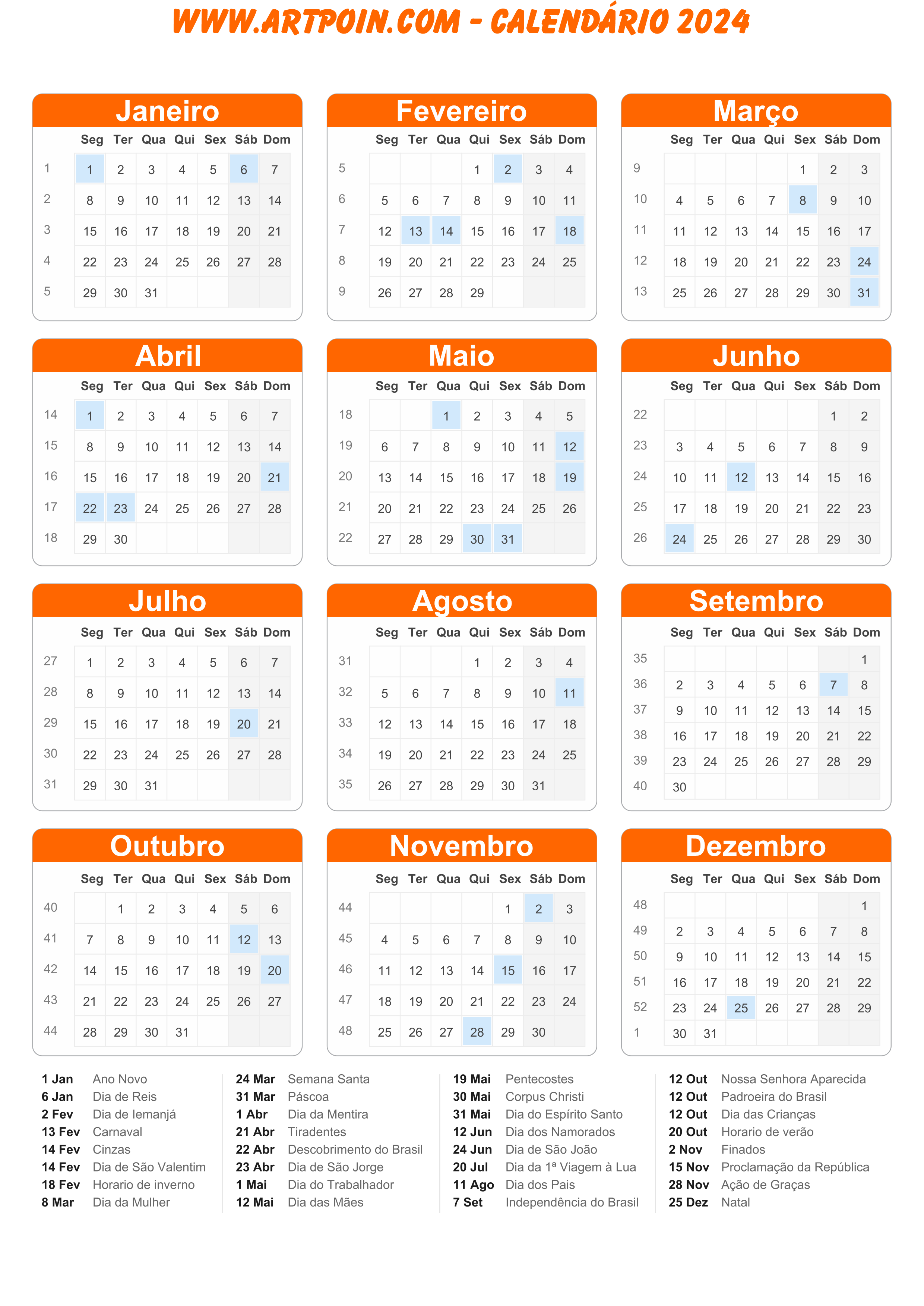 Calendário 2024 com feriados molde limpo para edição laranja png
