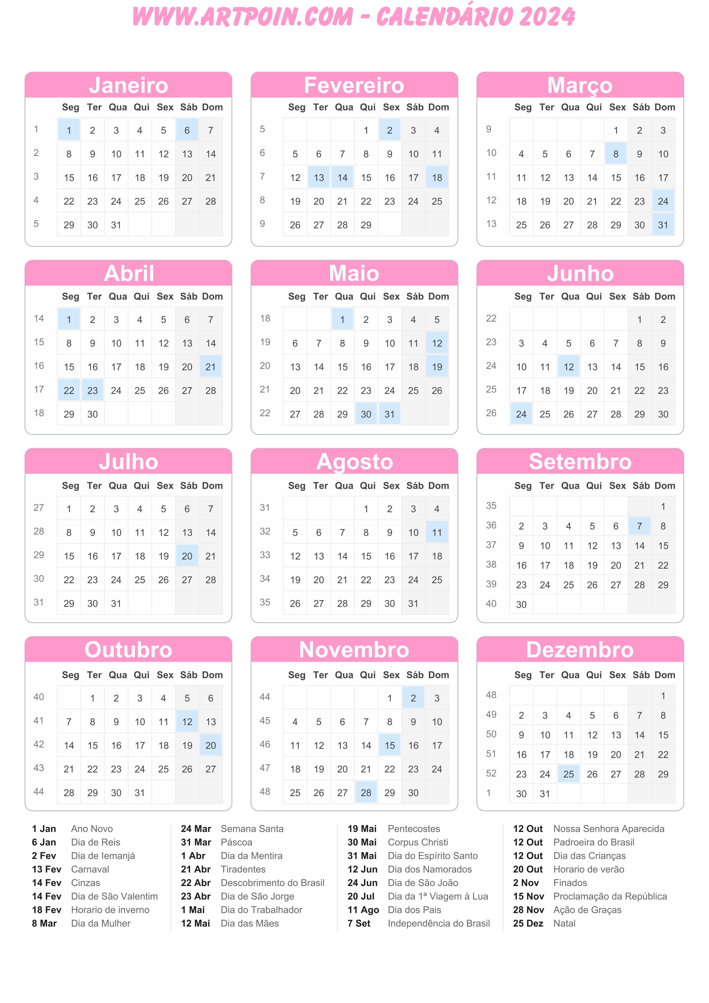 Calendário 2024 com feriados molde limpo para edição rosa claro png