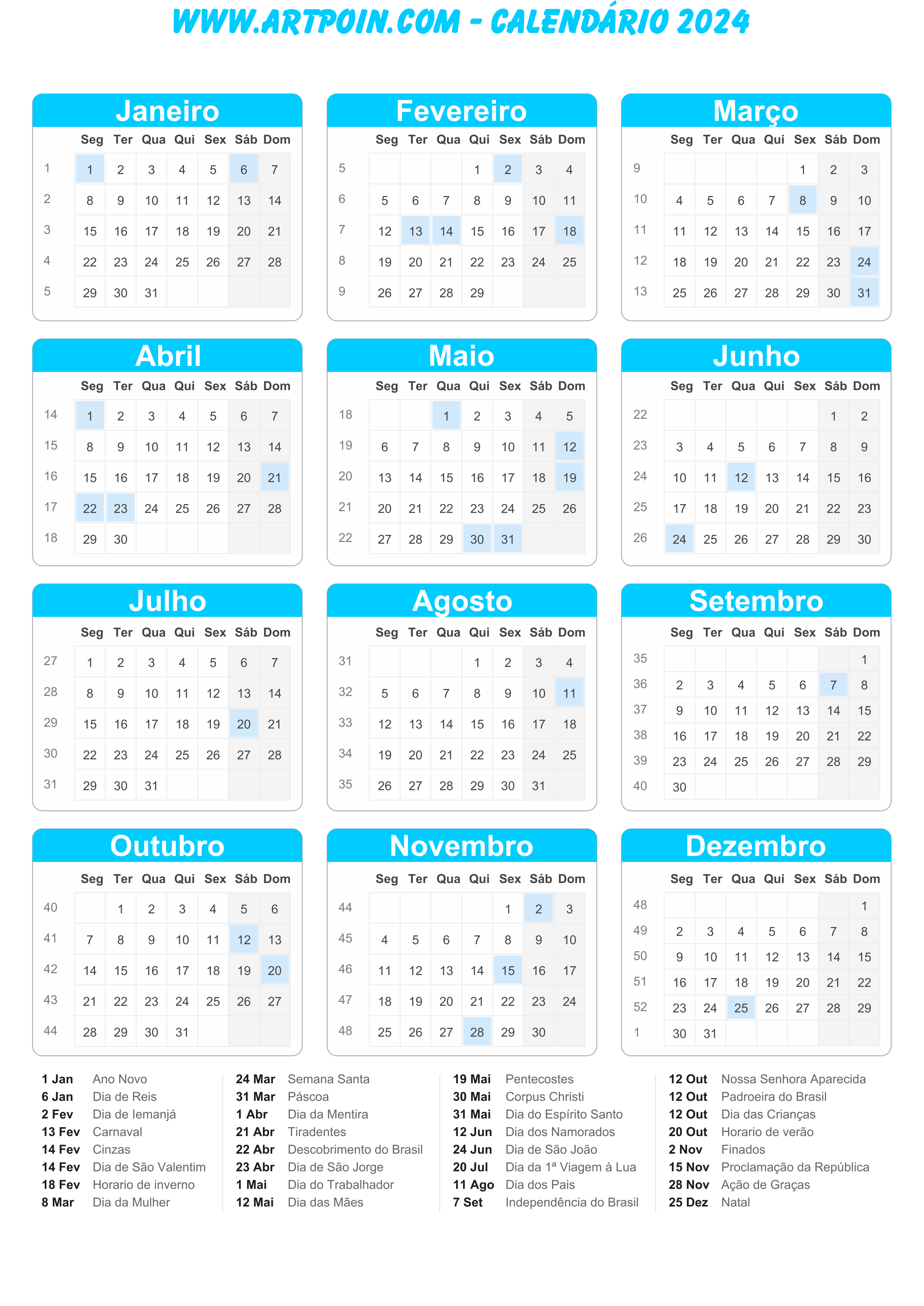 Calendário 2024 com feriados molde limpo para edição azul png