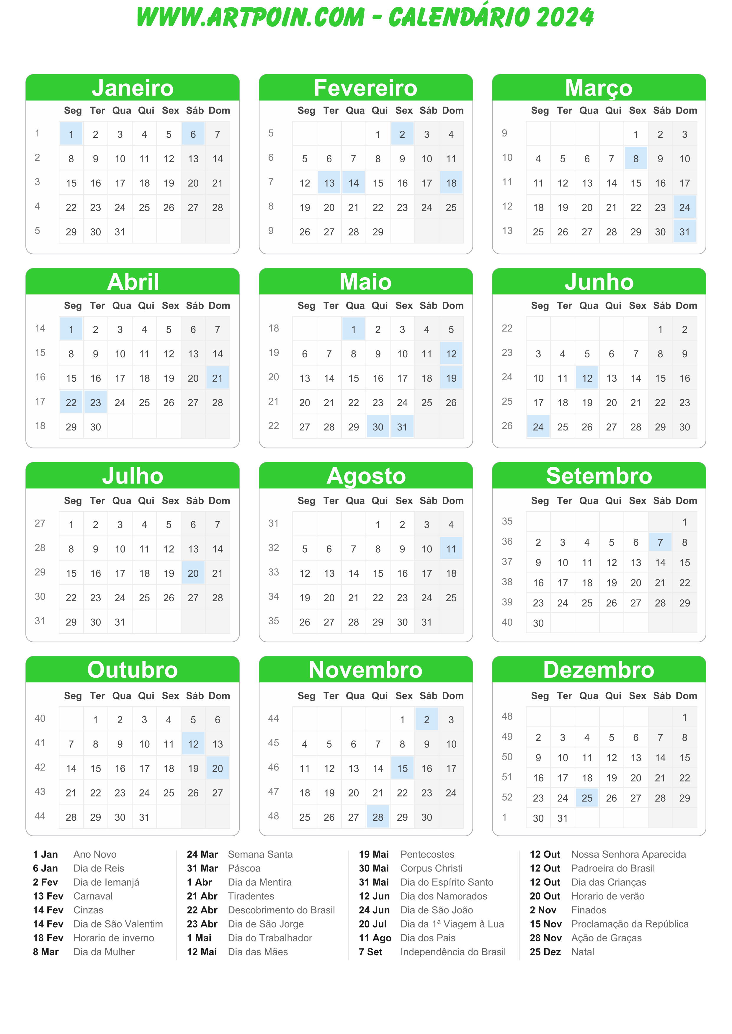 Calendário 2024 com feriados molde limpo para edição verde png