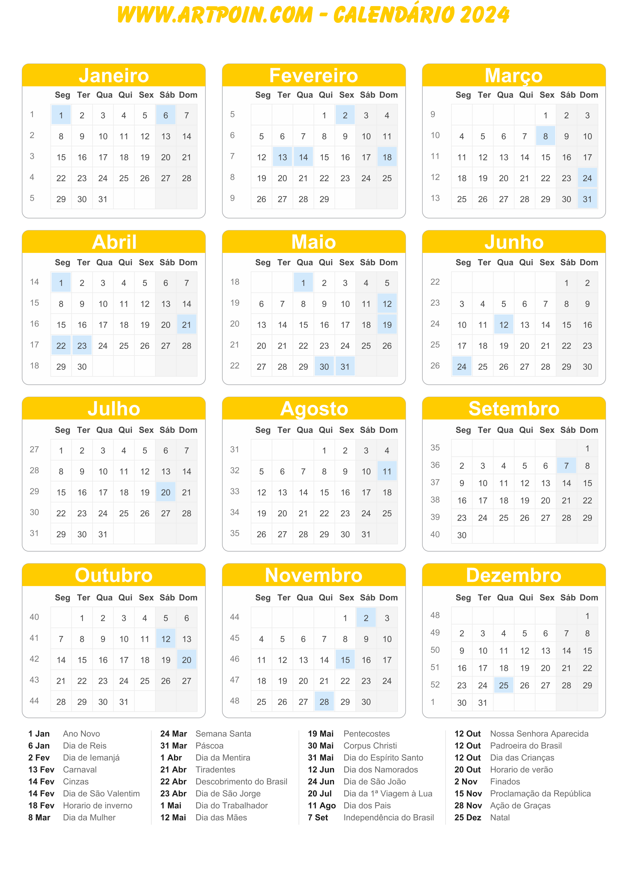Calendário 2024 com feriados molde limpo para edição amarelo png