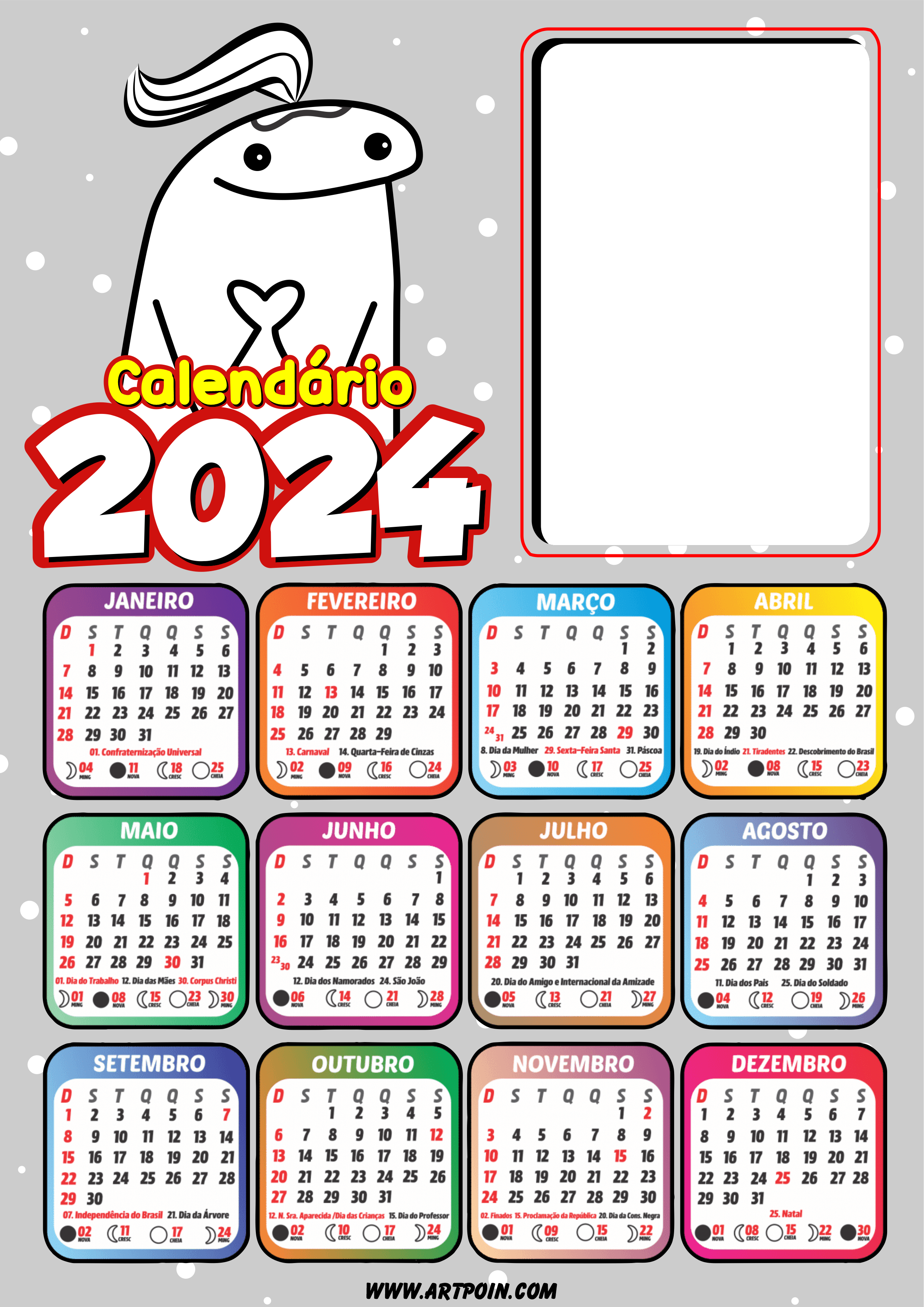 Fevereiro 2024 Calendário Tema Infantil Desenho para Colorir.