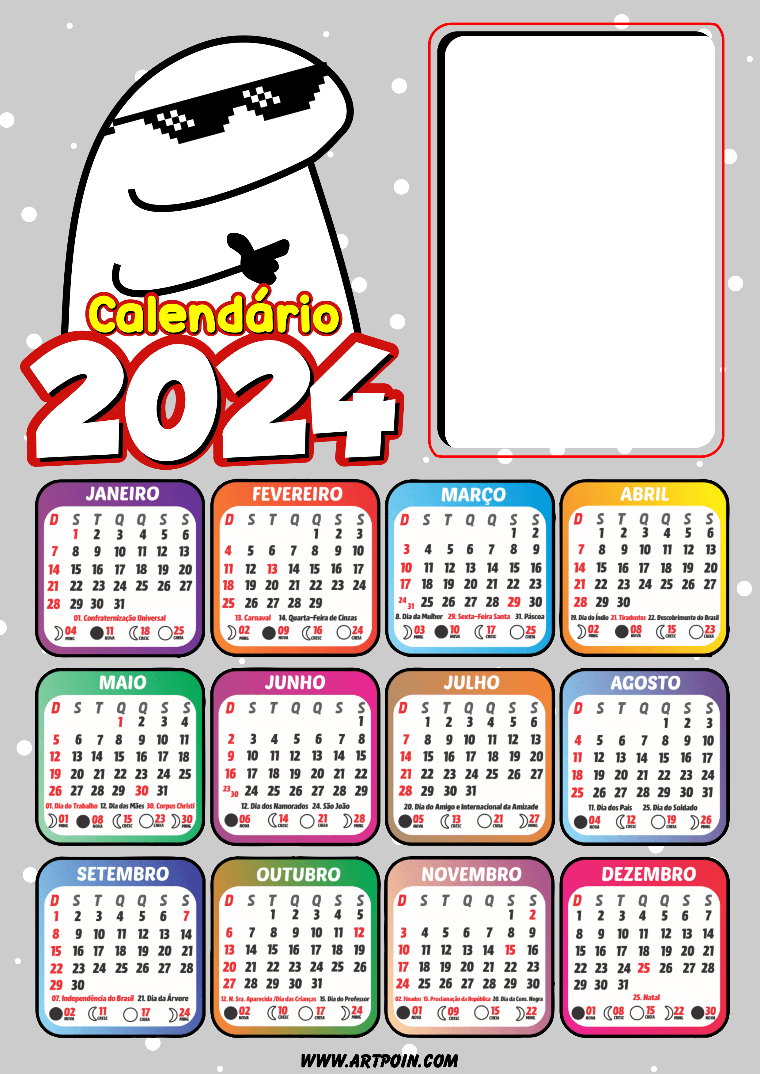 Calendário 2024 flork of cows personalizado com foto pronto para editar e imprimir renda extra com personalizados óculos png