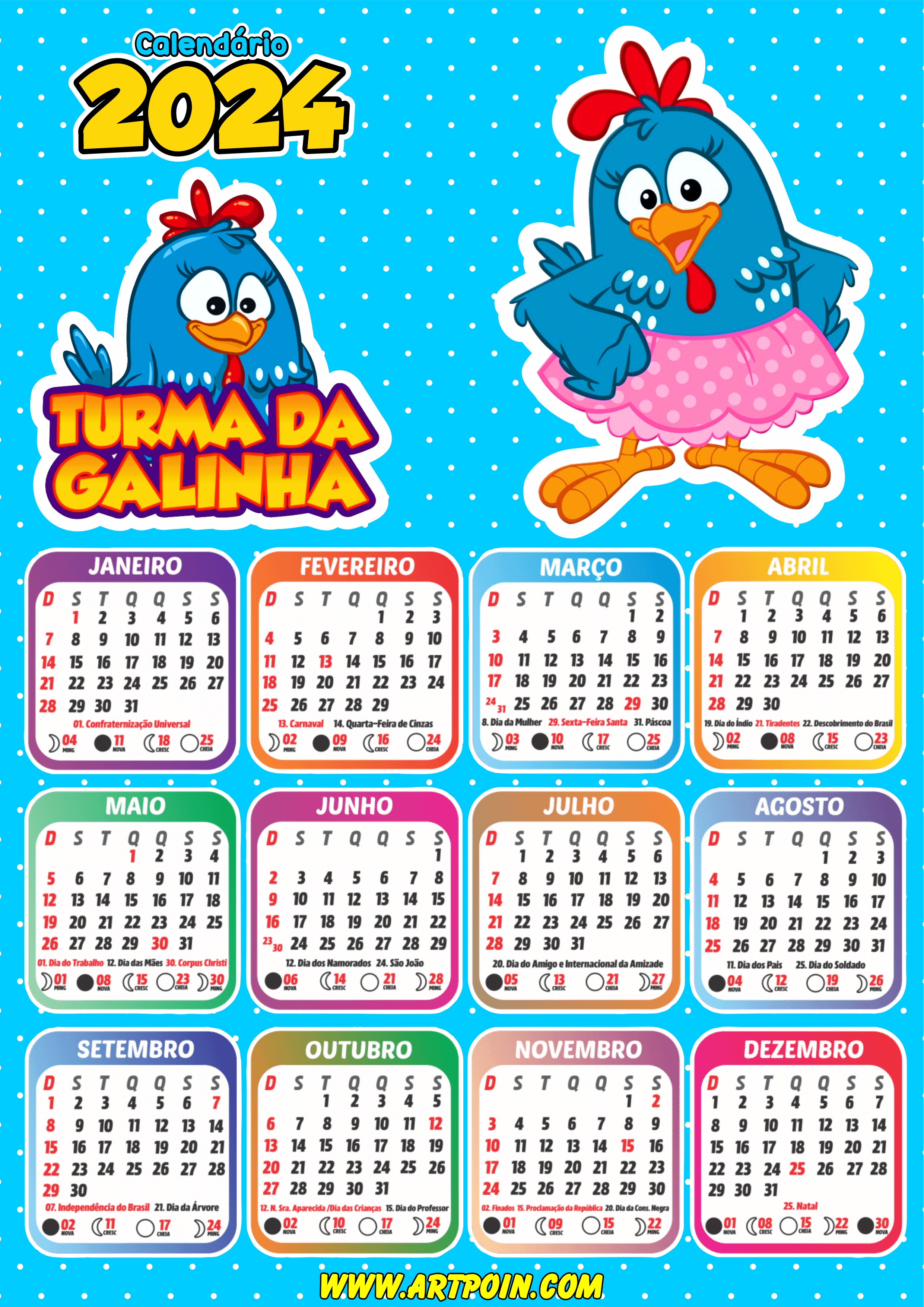 Calendário 2024 galinha pintadinha desenho infantil png