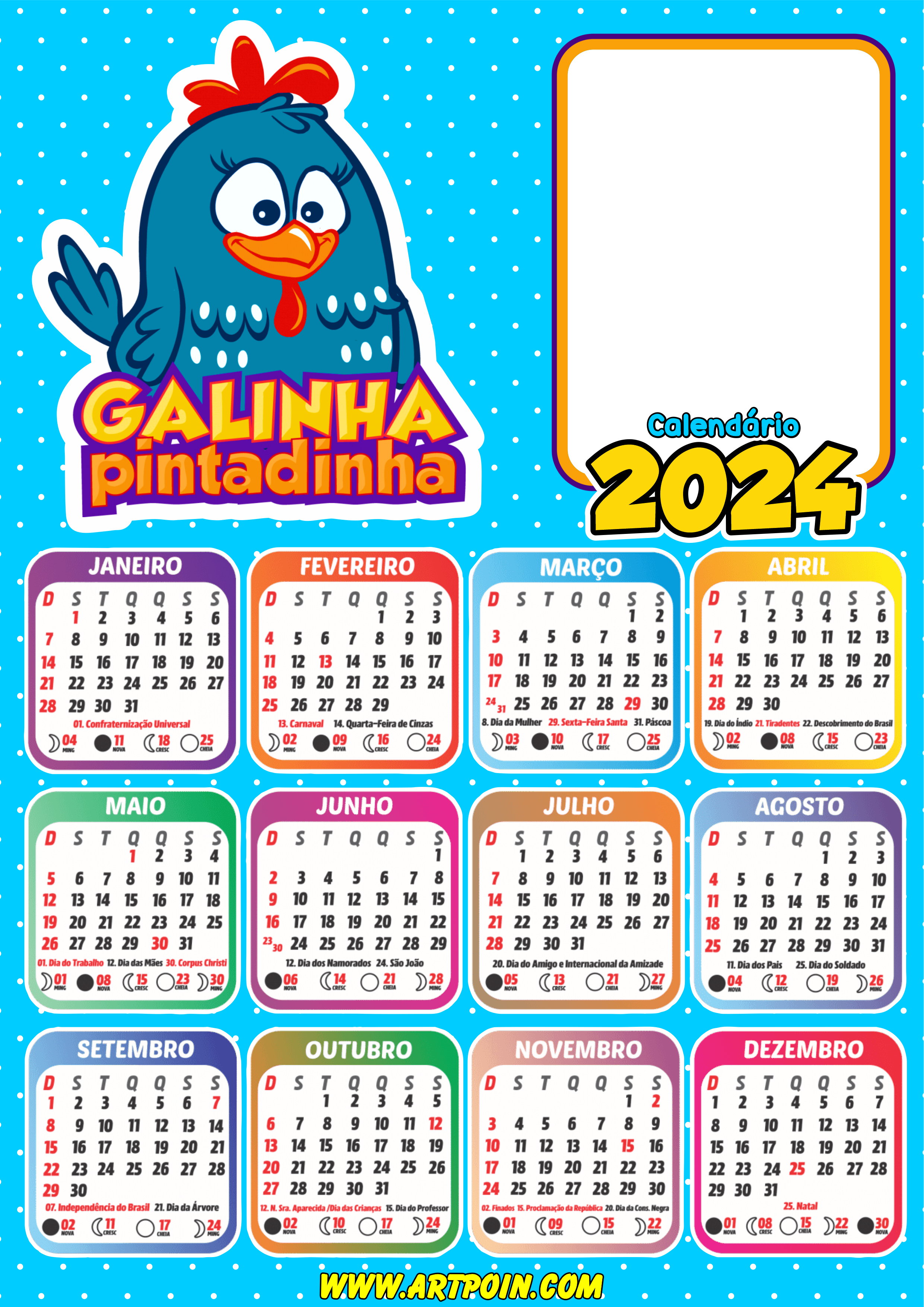 Calendário 2024 galinha pintadinha para personalizar com foto desenho infantil youtube png