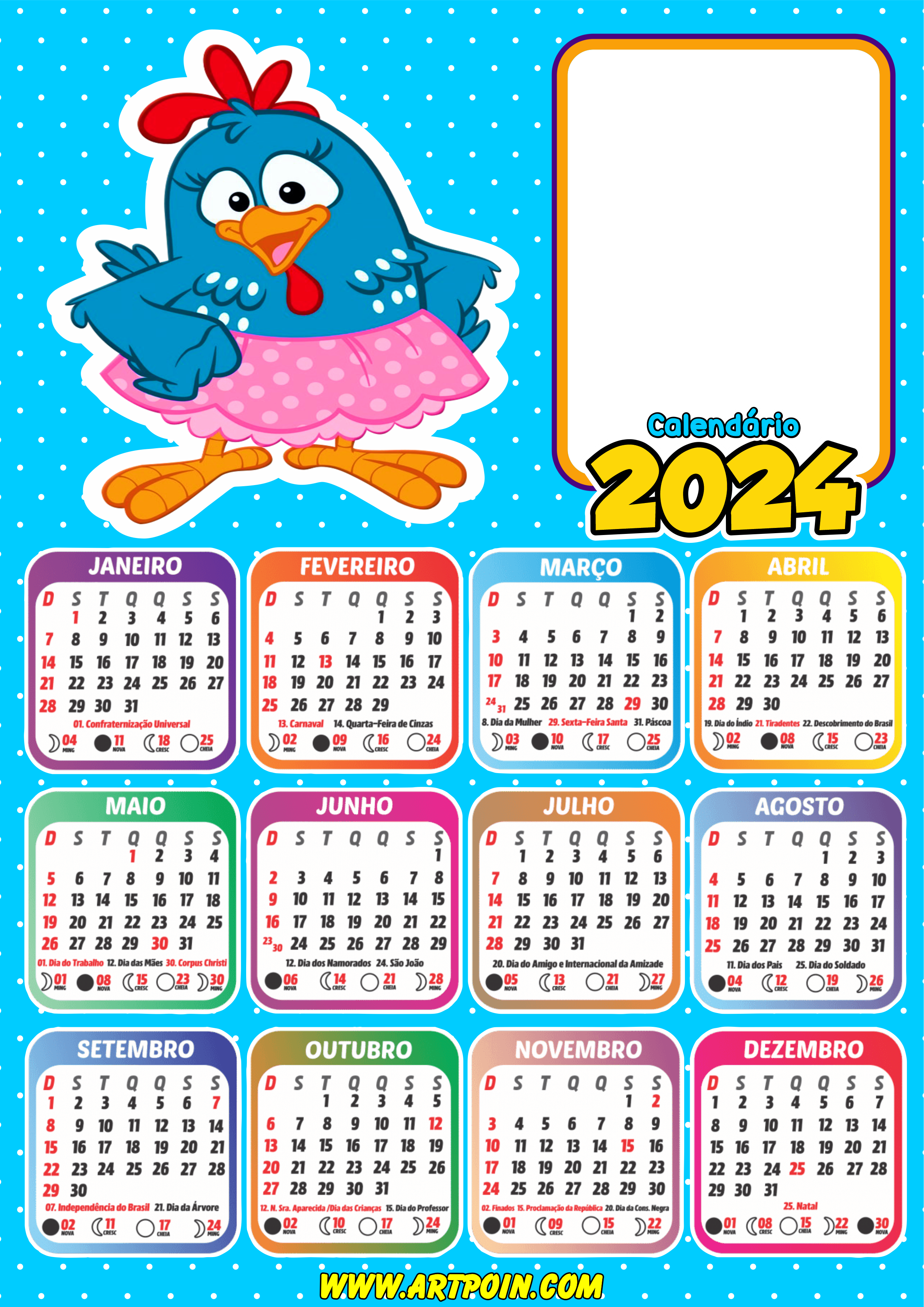 Calendário 2024 galinha pintadinha para personalizar com foto desenho infantil fazendo a nossa festa png
