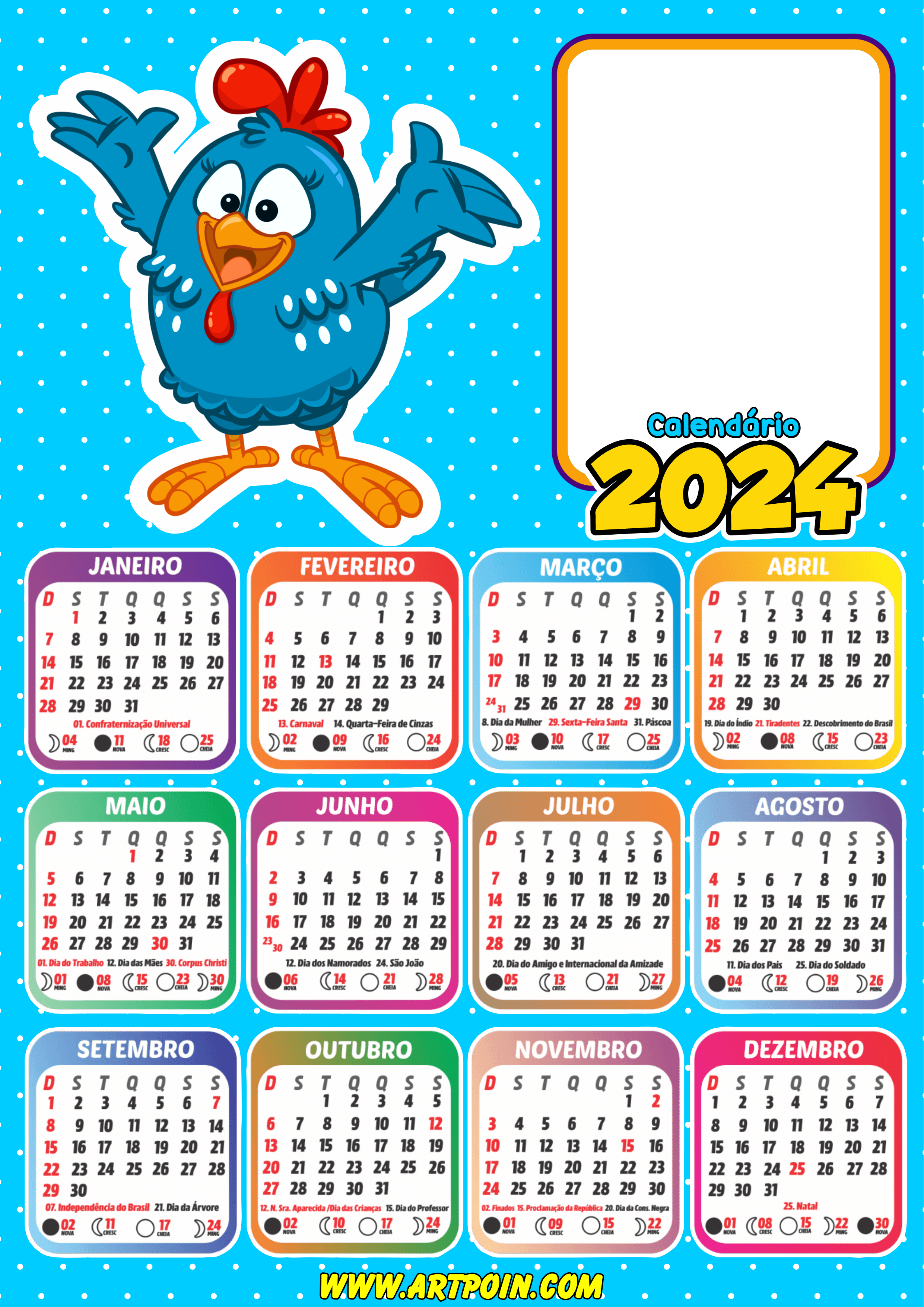 Calendário 2024 galinha pintadinha para personalizar com foto desenho infantil festa pronta png