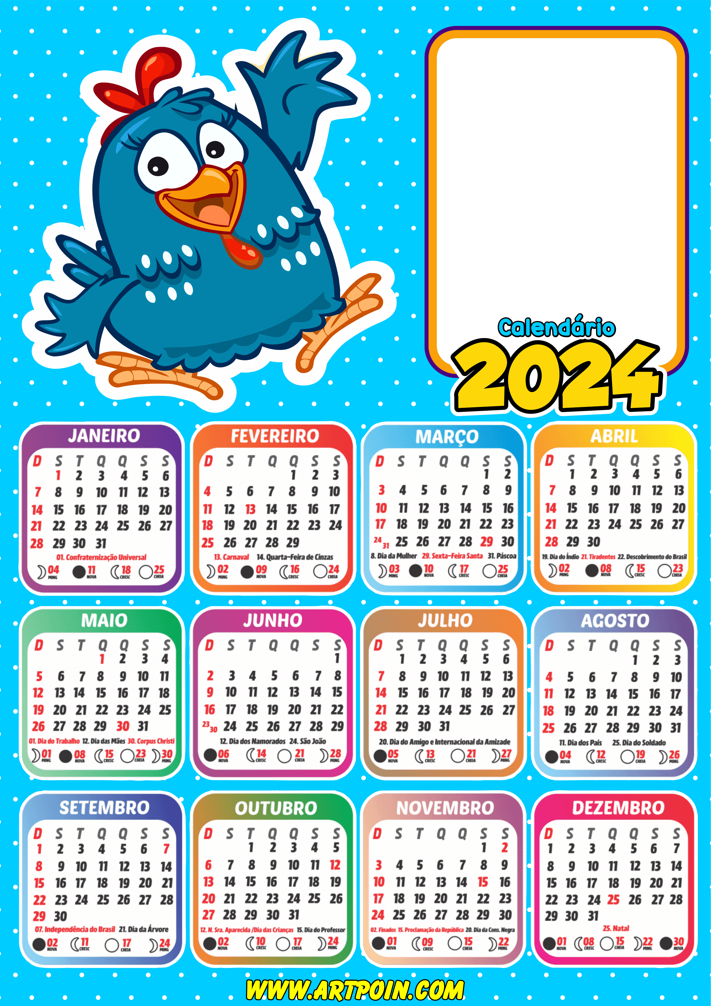 Calendário 2024 galinha pintadinha para personalizar com foto desenho infantil artes gráficas png