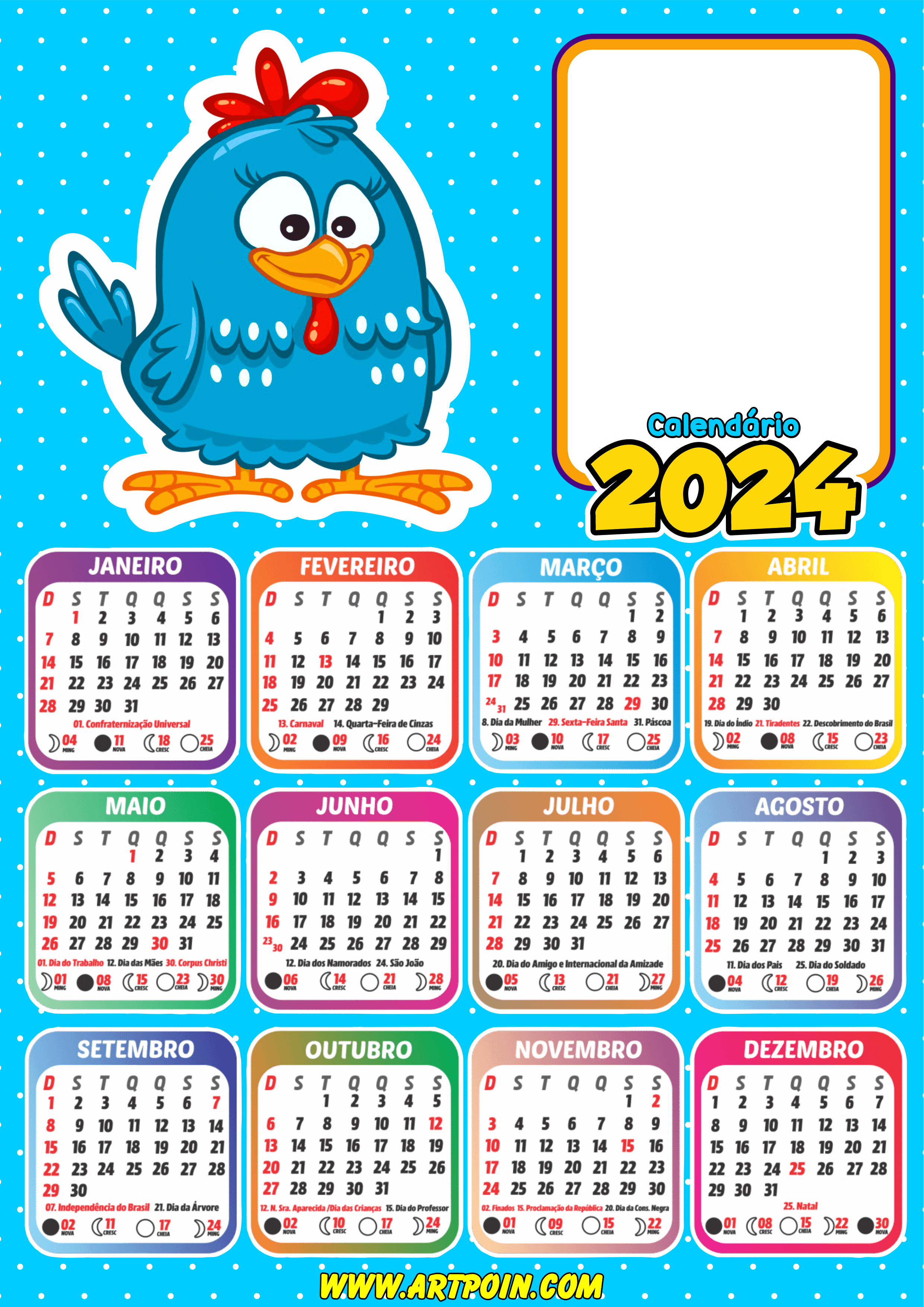 Calendário 2024 galinha pintadinha para personalizar com foto desenho infantil design grátis png