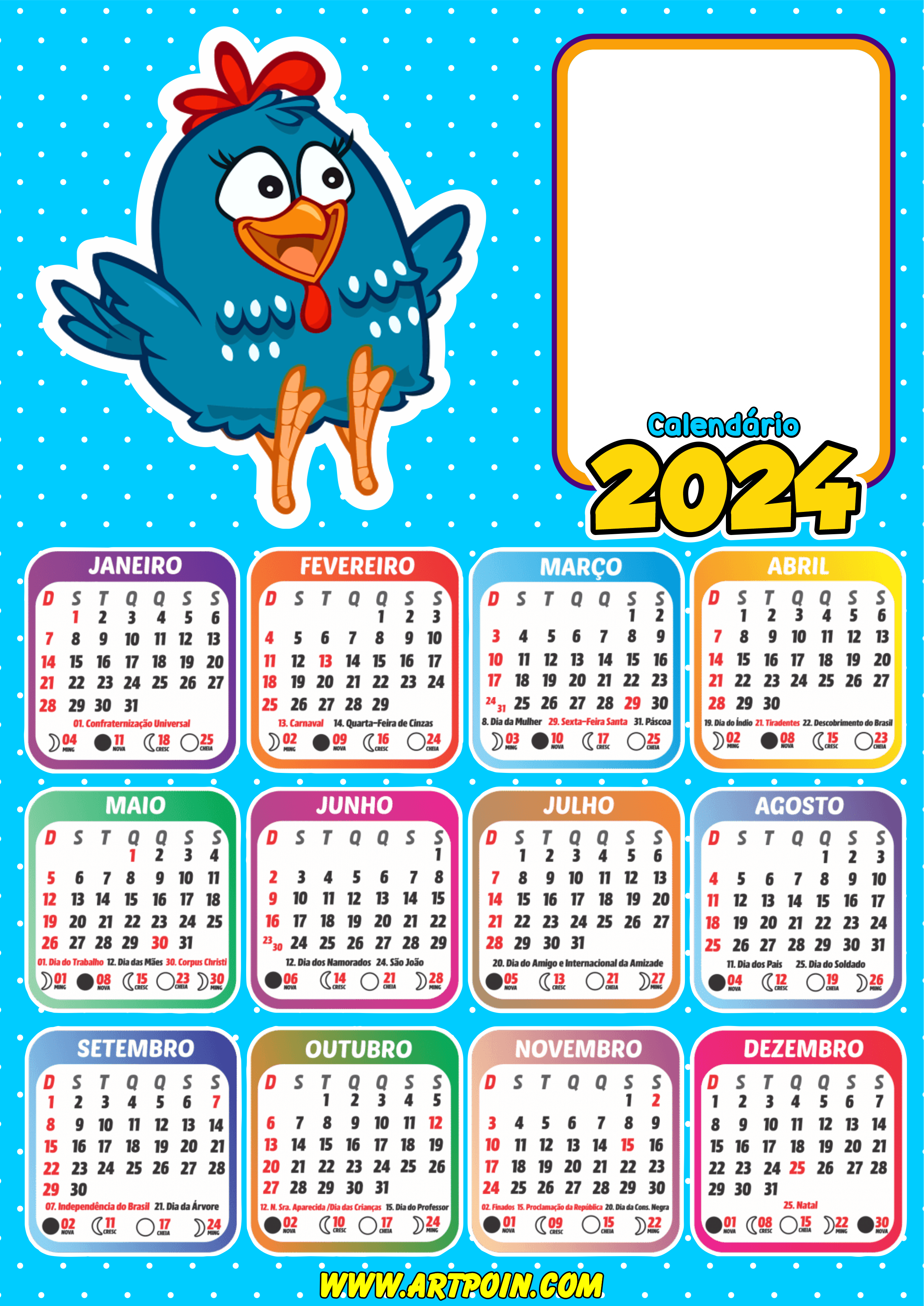 Calendário 2024 galinha pintadinha para personalizar com foto desenho infantil renda extra com personalizados png