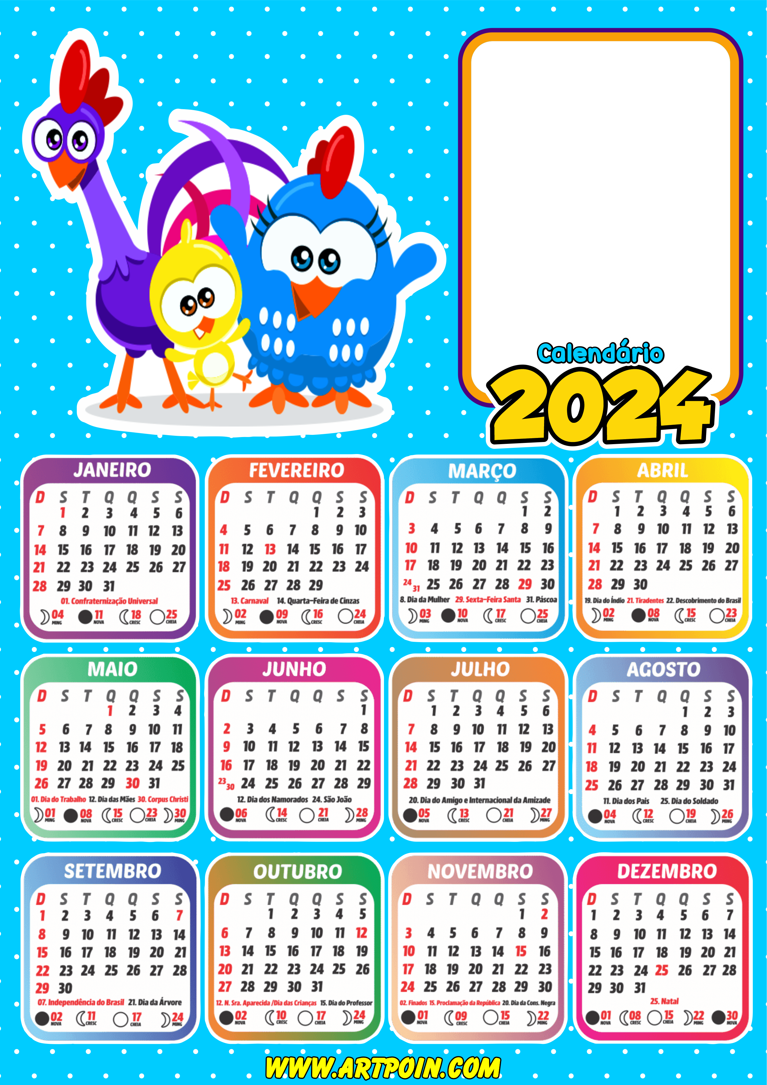 Calendário 2024 galinha pintadinha para personalizar com foto desenho infantil renda extra com impressão png