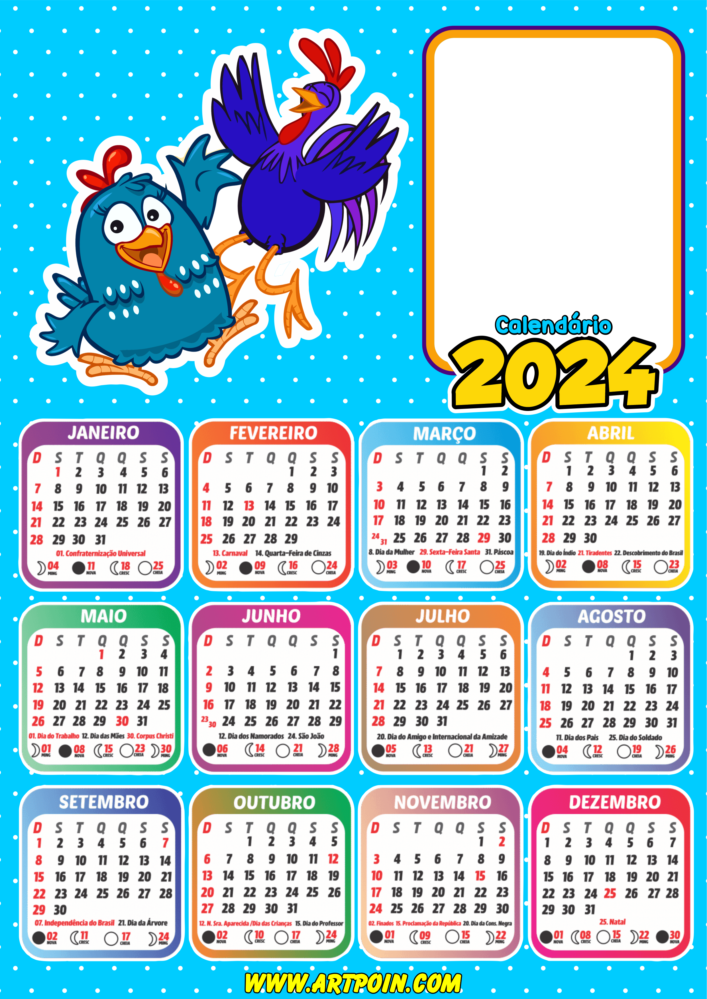 Calendário 2024 galinha pintadinha para personalizar com foto desenho infantil renda extra com papelaria png