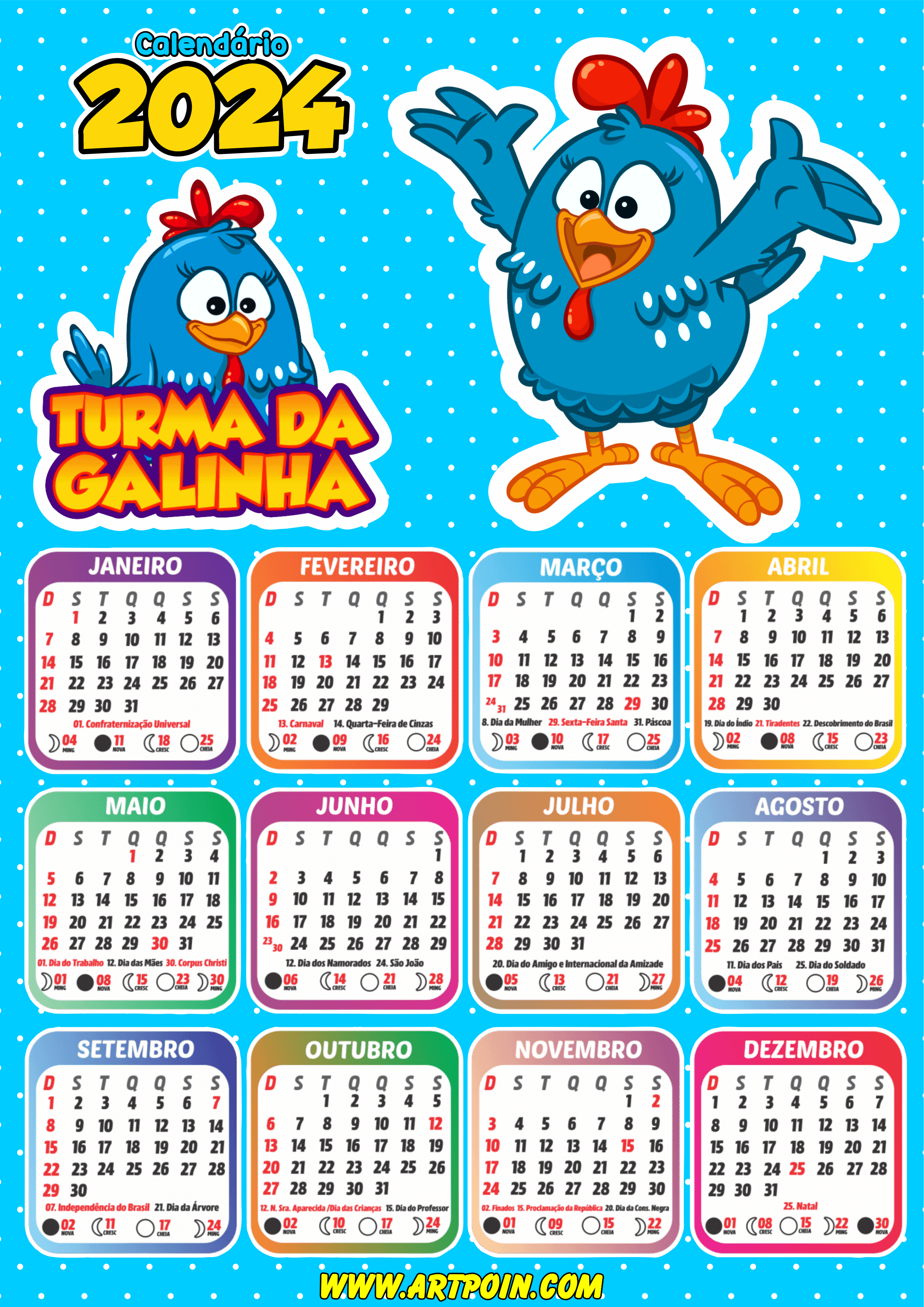 Calendário 2024 galinha pintadinha desenho infantil personalizado png