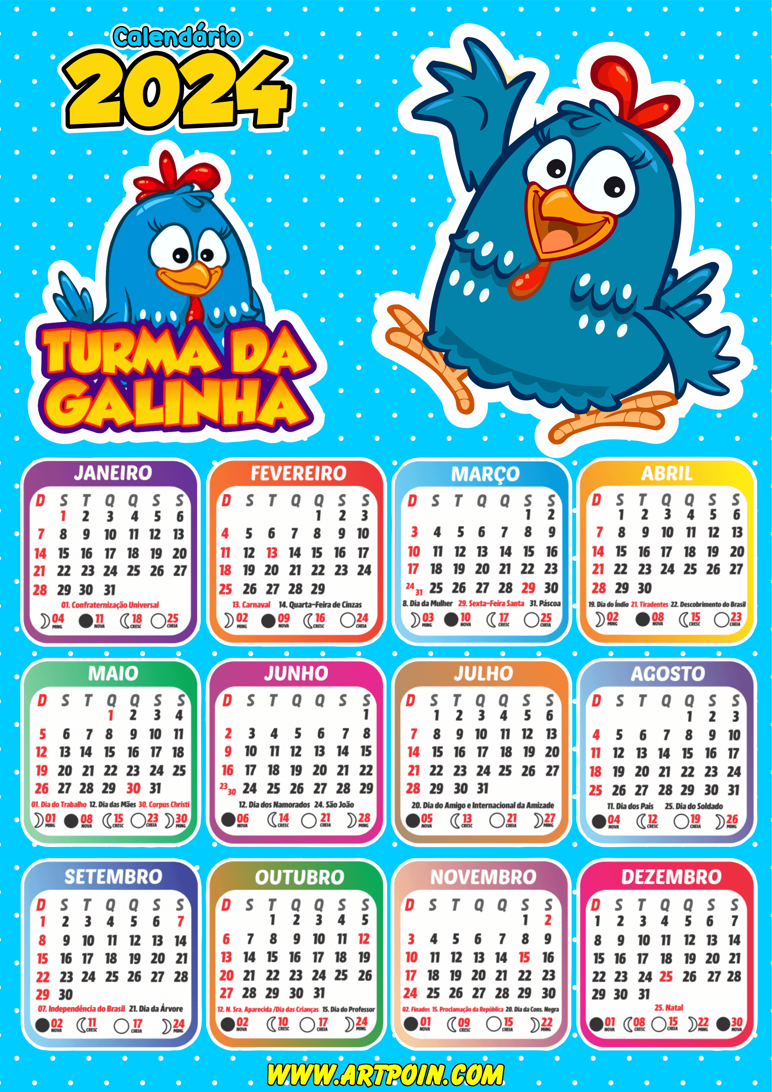 Calendário 2024 galinha pintadinha desenho infantil personalizado artes gráficas png