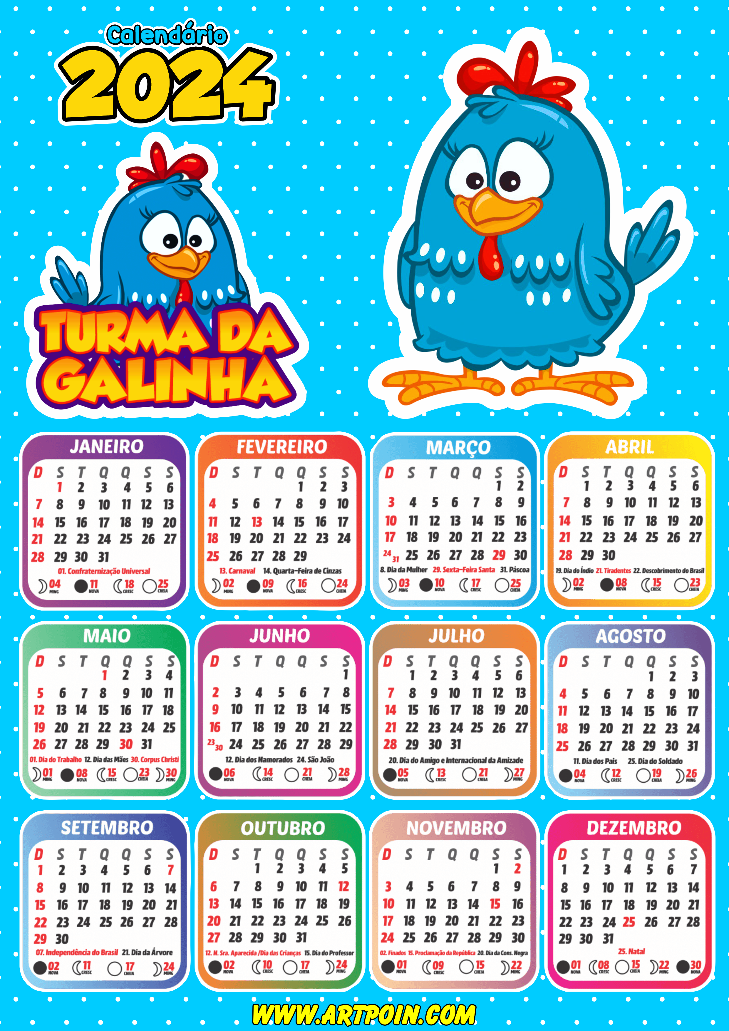 Calendário 2024 galinha pintadinha desenho infantil personalizado artes gráficas papelaria png