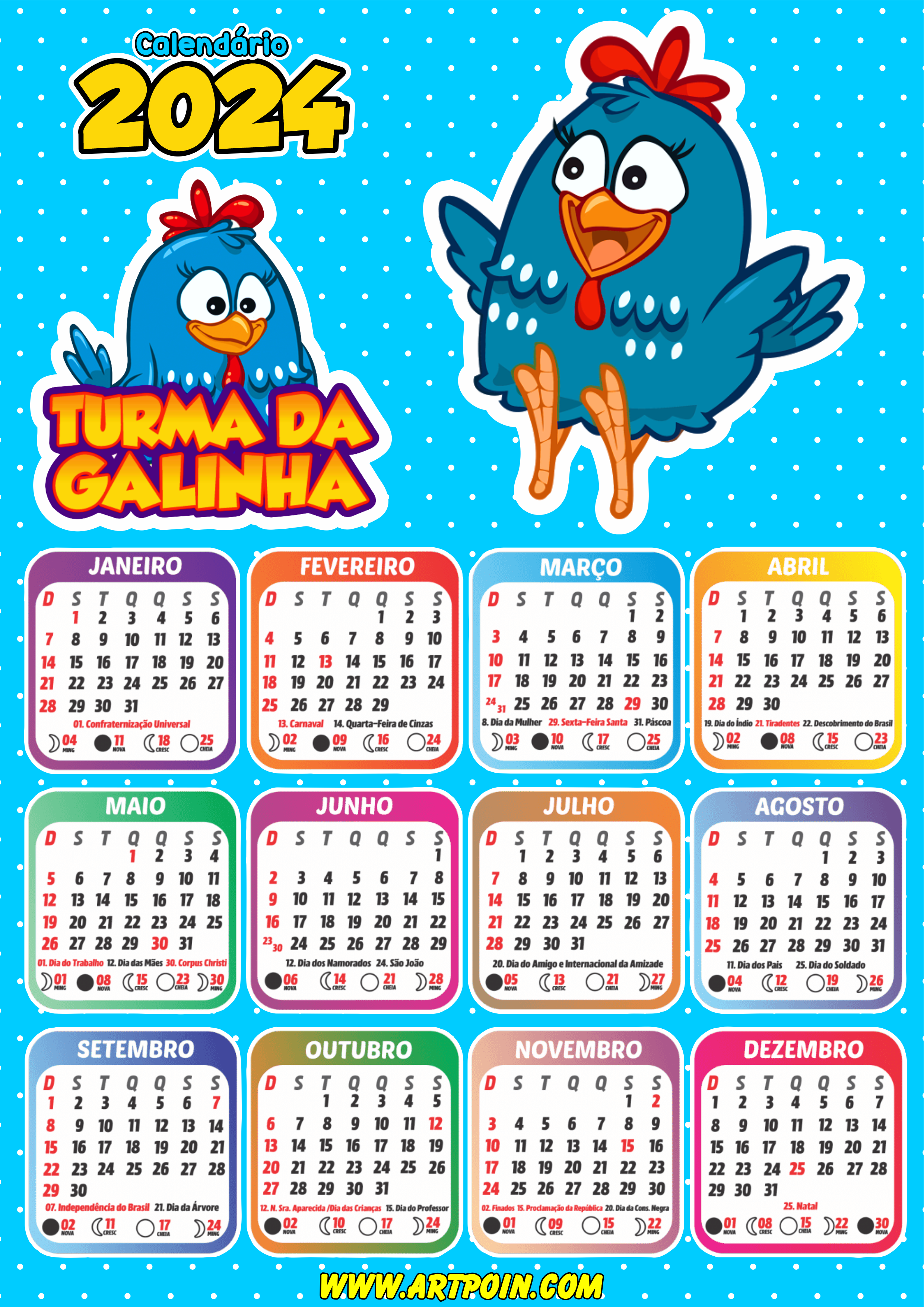 Calendário 2024 galinha pintadinha desenho infantil personalizado artes gráficas papelaria criativa png